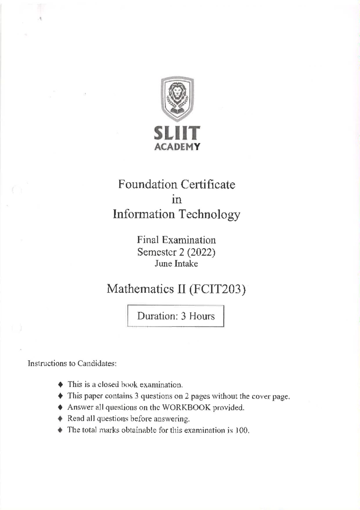 FCIT203 Maths II IT - Mater of Science - Studocu