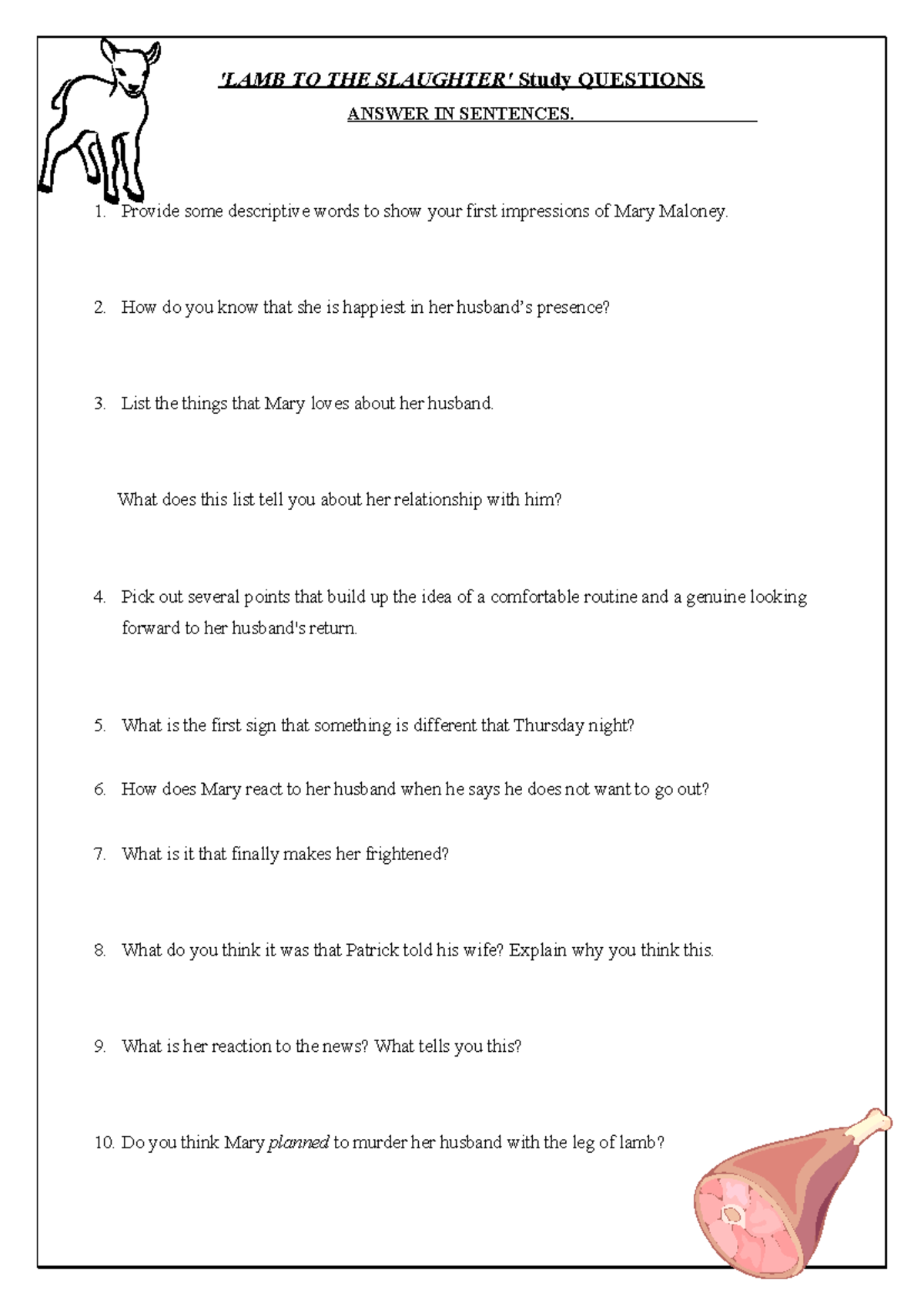 Lamb to the Slaughter Comprehension Questions 'LAMB TO THE SLAUGHTER