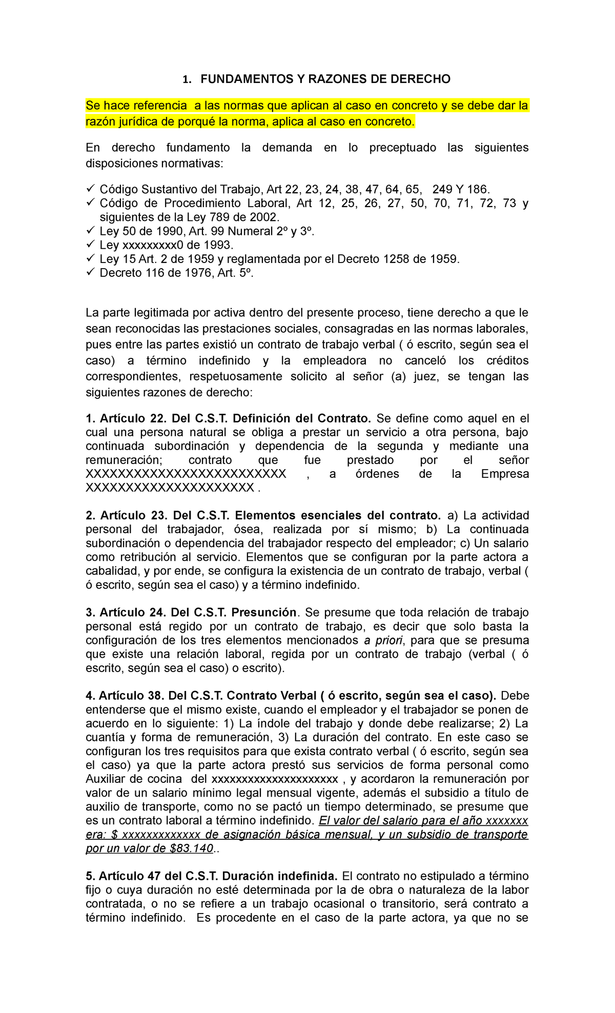 72 Modelo Demanda Ordinaria Laboral DE Unica Instancia - 1. FUNDAMENTOS Y  RAZONES DE DERECHO Se hace - Studocu