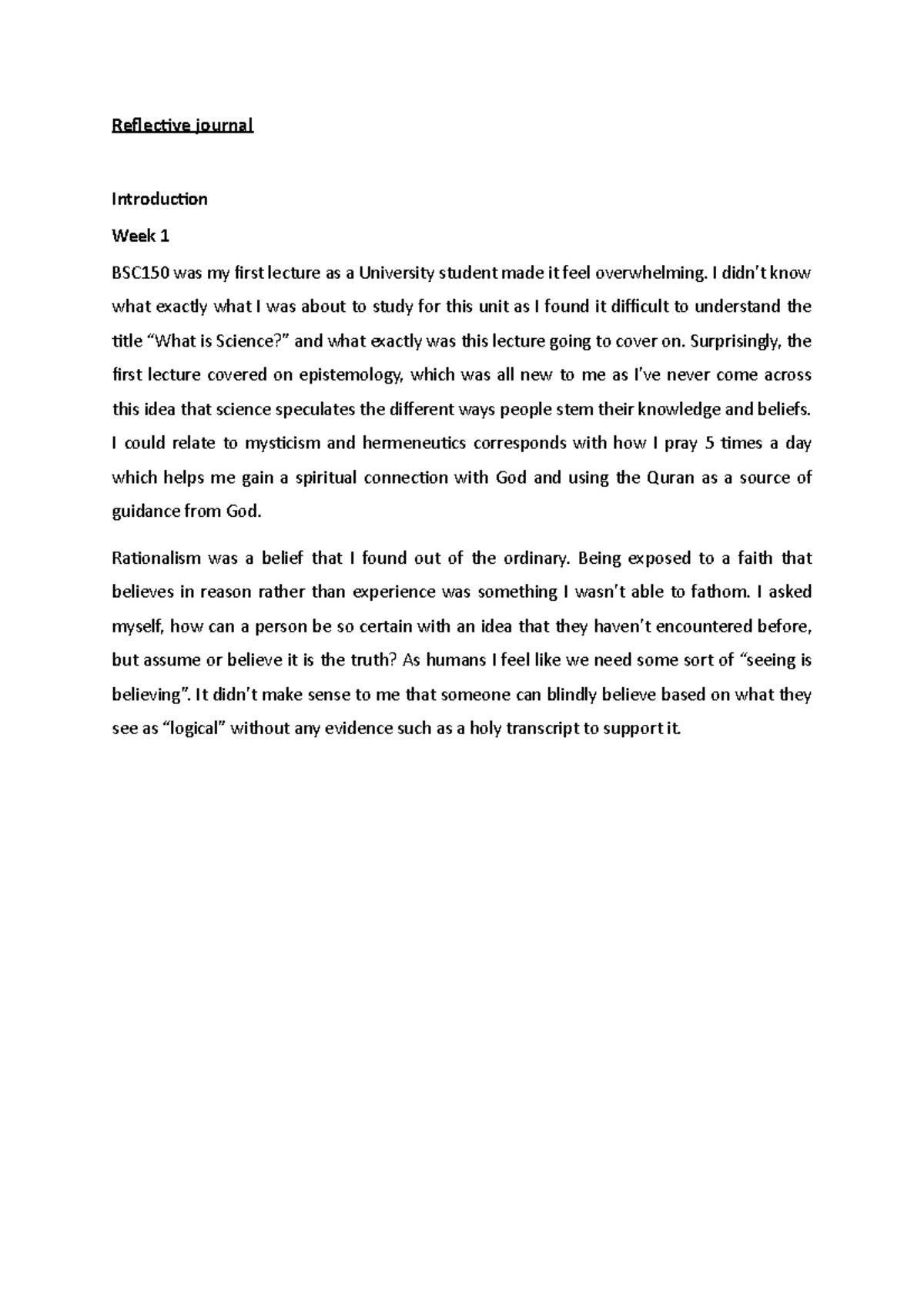 Reflective journal - Reflective journal Introduction Week 1 BSC150 was ...