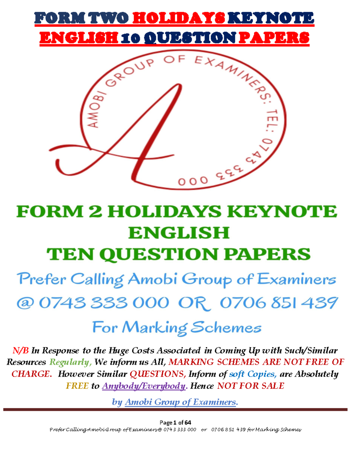 F2 Eng H Kn 10 Qp Good Page 1 Of 64 Form Two Holidays Keynote English 10 Question Papers N B