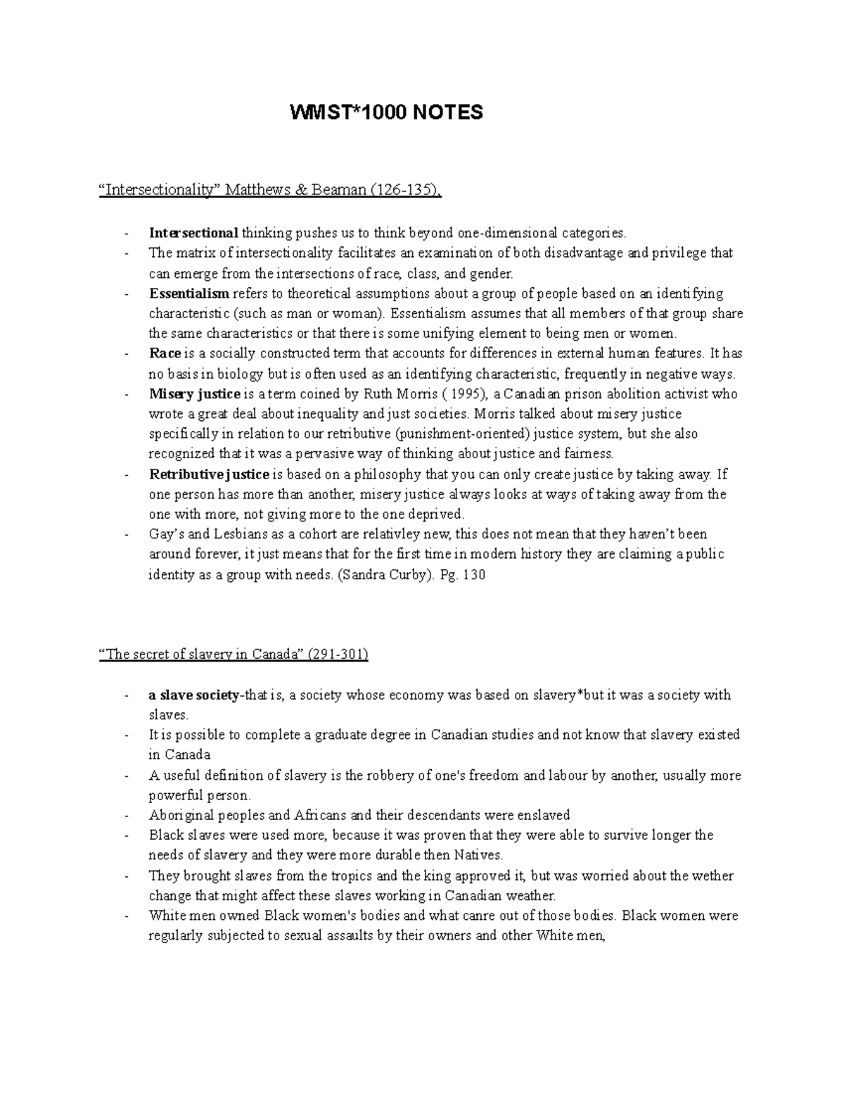 WMST 1000 Notes - WMST*1000 NOTES “Intersectionality” Matthews & Beaman ...