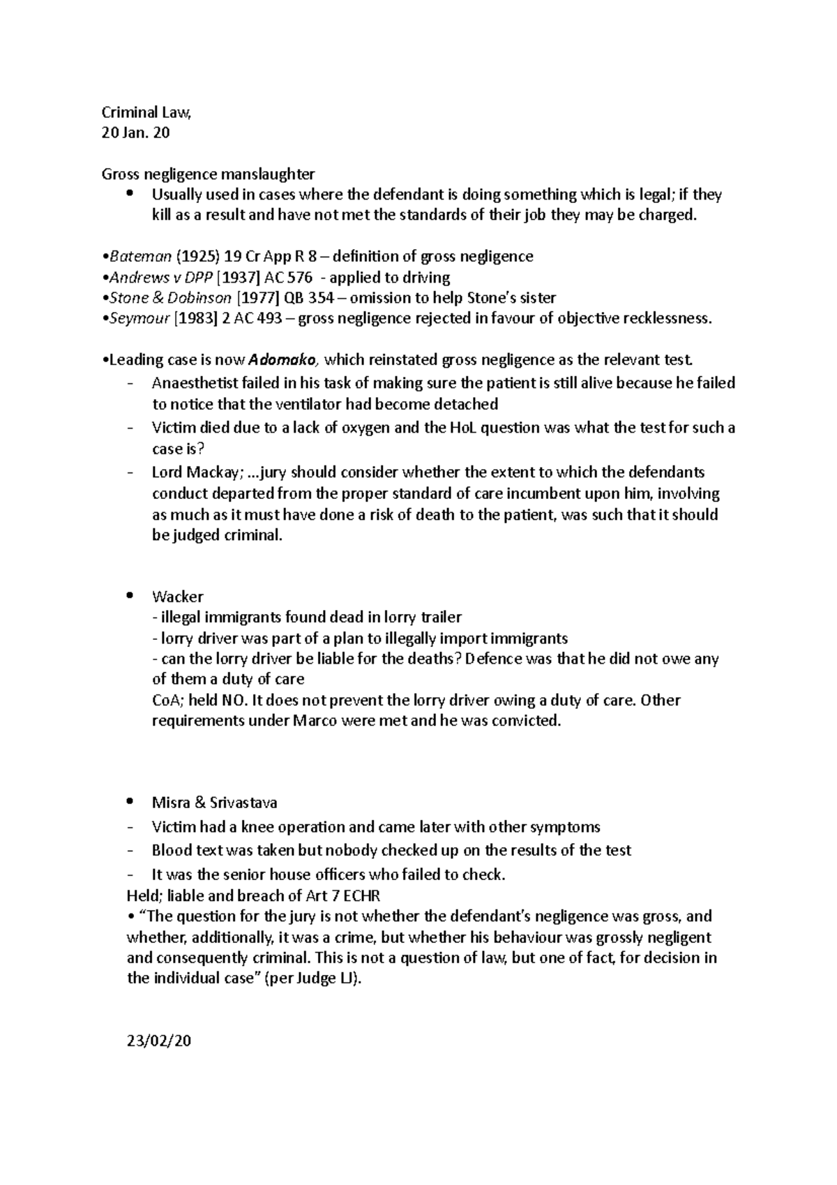 Criminal Law homicide notes - Criminal Law, 20 Jan. 20 Gross negligence ...