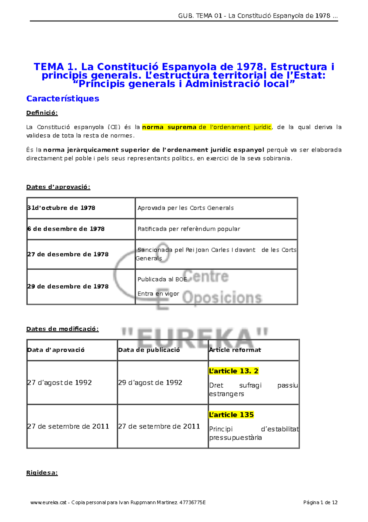 Tema 1 Constitucion Española - TEMA 1. La Constitució Espanyola De 1978 ...