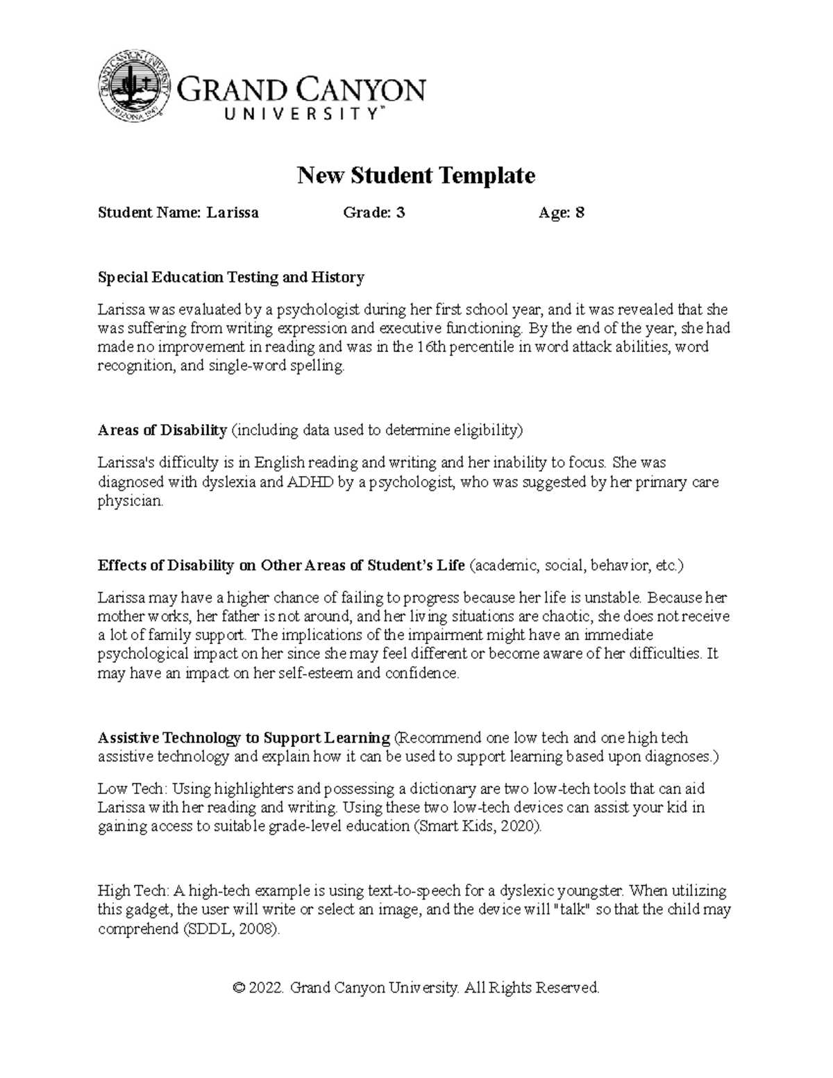 SPD 200 RS New Student Template New Student Template Student Name Larissa Grade 3 Age 8