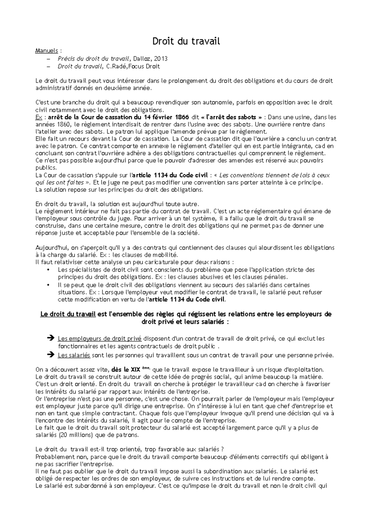 Droit Du Travail - Notes De Cours Cours Complet - Droit Du Travail ...