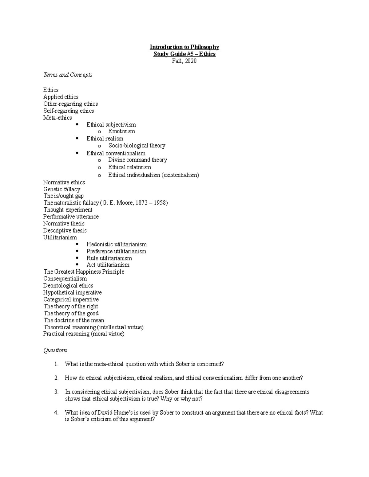 Ethics Study Guide - Introduction to Philosophy Study Guide #5 – Ethics