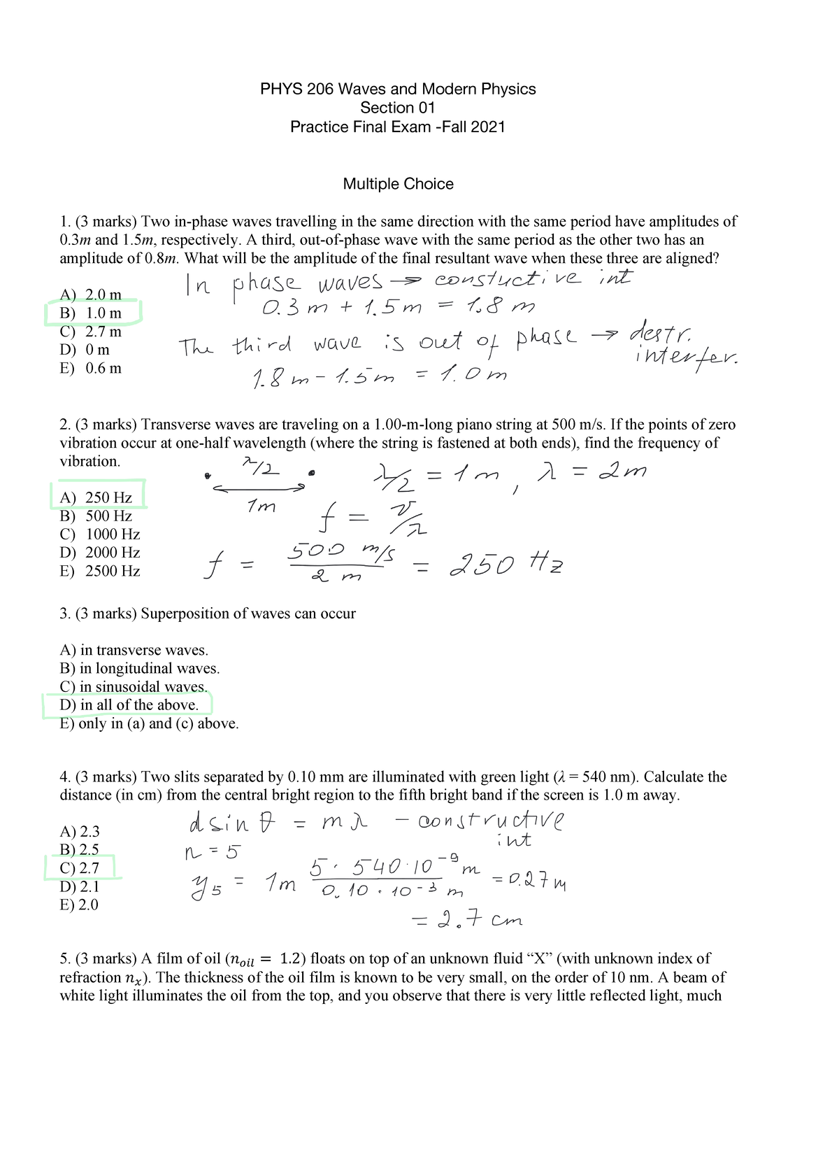 PHYS 206 Practice Final Exam Solutions - PHYS 206 Waves And Modern ...