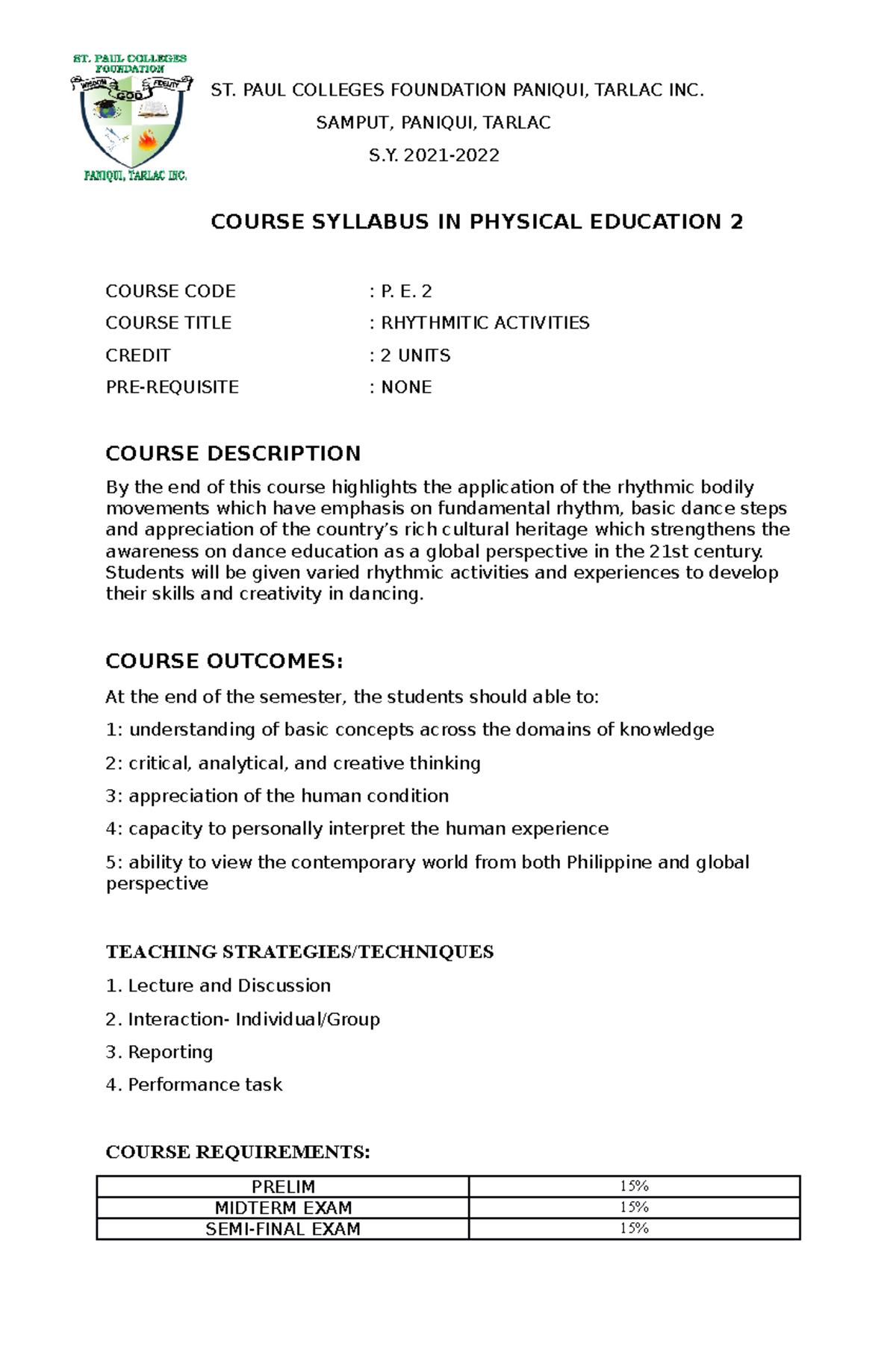 Syllabus IN PHYSICAL EDUCATION 2 - ST. PAUL COLLEGES FOUNDATION PANIQUI ...