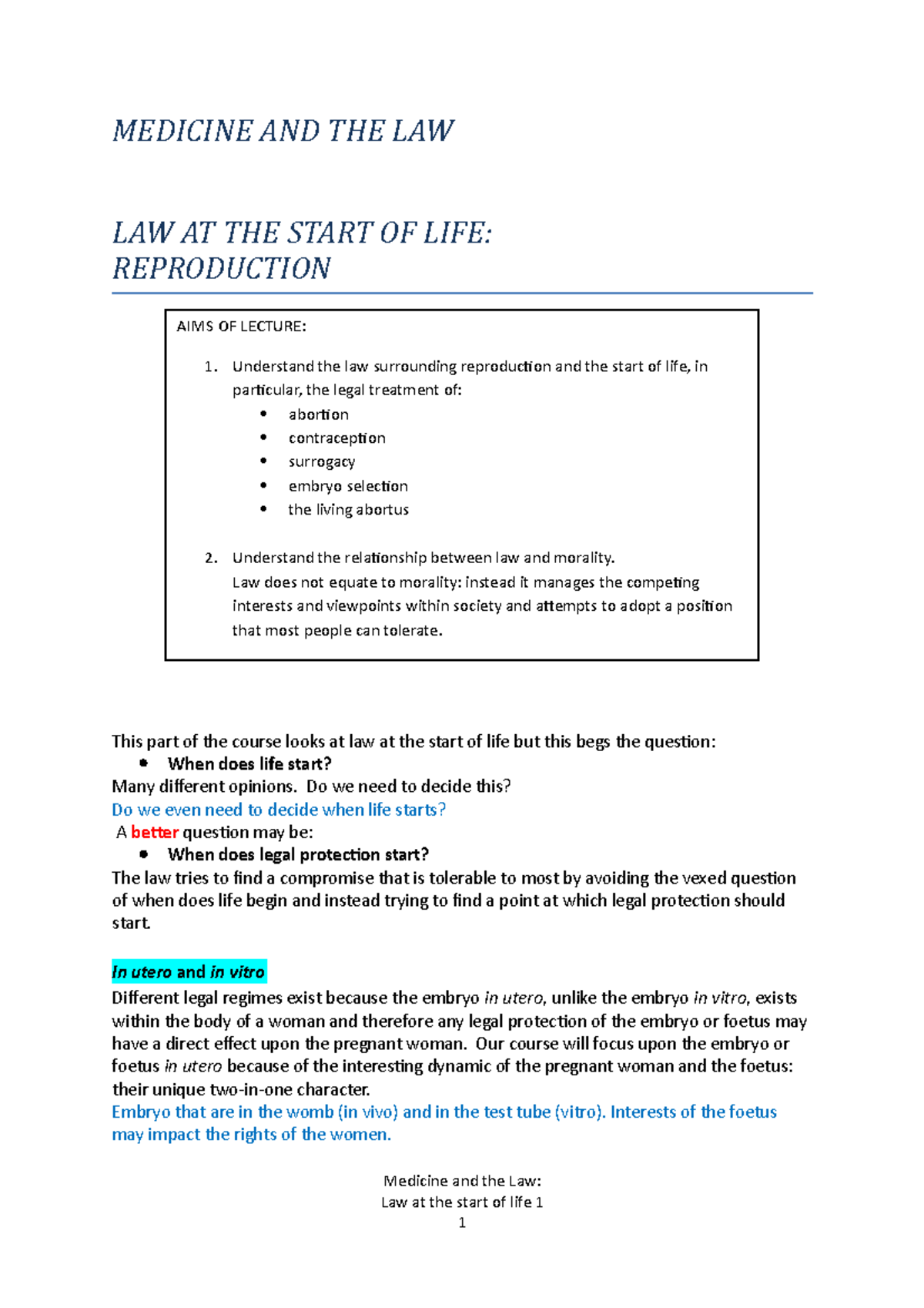 Medicine week 7 part 1 - Lecture notes 7 - MEDICINE AND THE LAW LAW AT ...