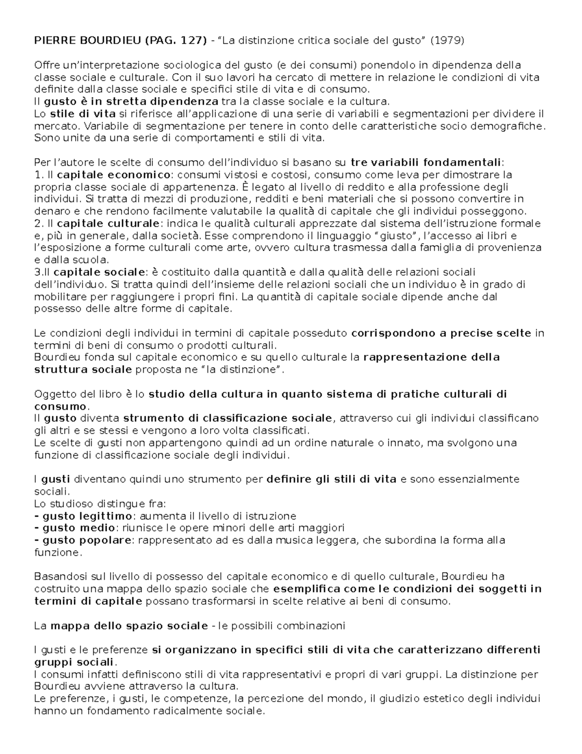 Riassunto su Bordieu PIERRE BOURDIEU (PAG. 127) “La distinzione critica sociale del gusto