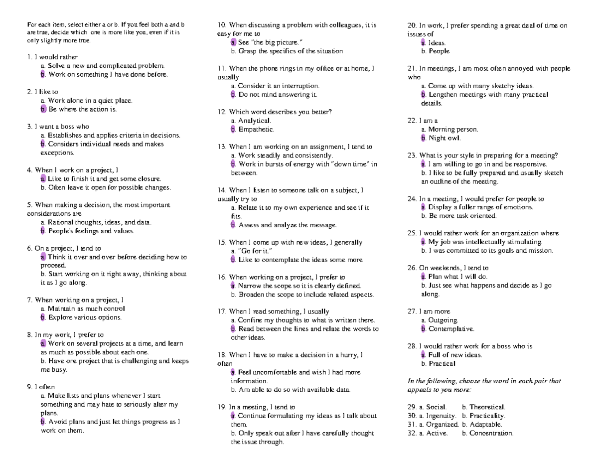 MBTI and Management Styles Worksheet AND Characteristics Frequently ...