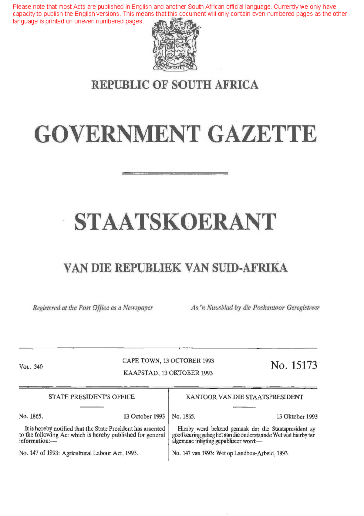 Agricultural labour act 147 of 1993 - REPUBLIC ·OF SOUTH AFRICA ...