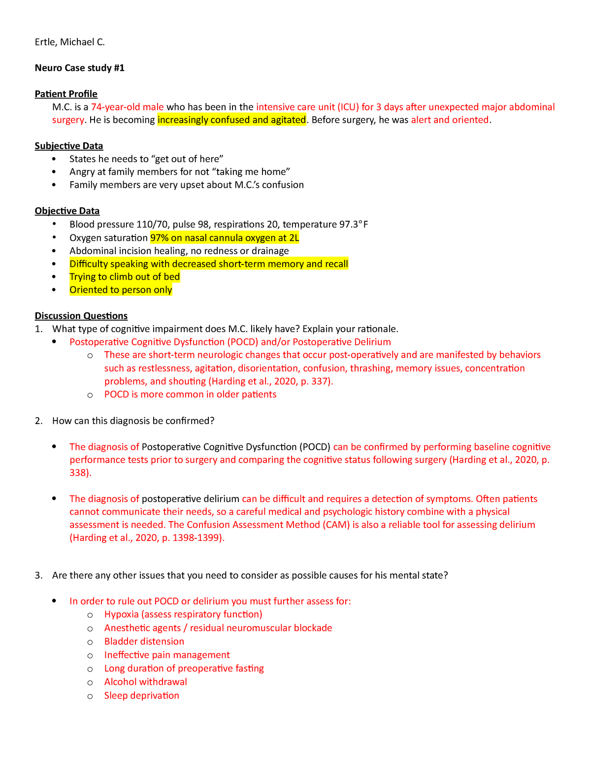 NURS 3300 - Learning Assessment #9 (Cognition #2) - Ertle, Michael