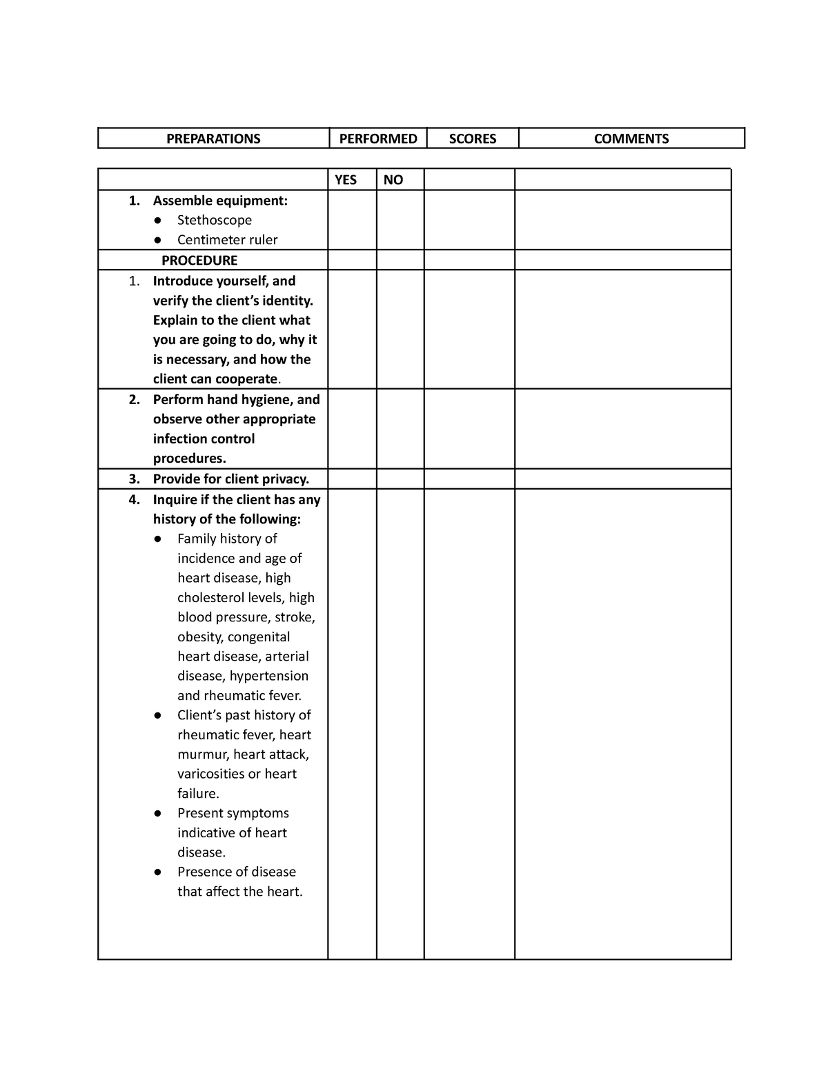 homework testing - PREPARATIONS PERFORMED SCORES COMMENTS YES NO ...