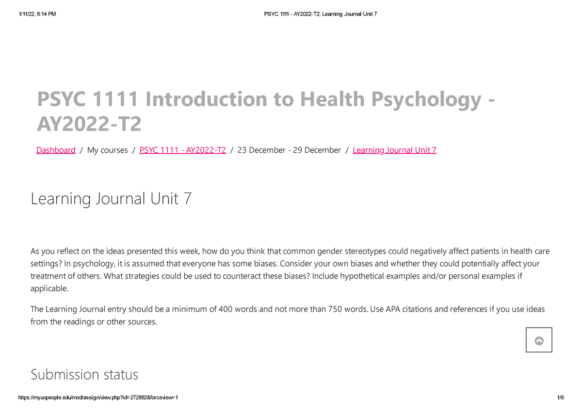 Psyc 1111 Ay2022 T2 Learning Journal Unit 7 Psyc 1111 Introduction To Health Psychology 