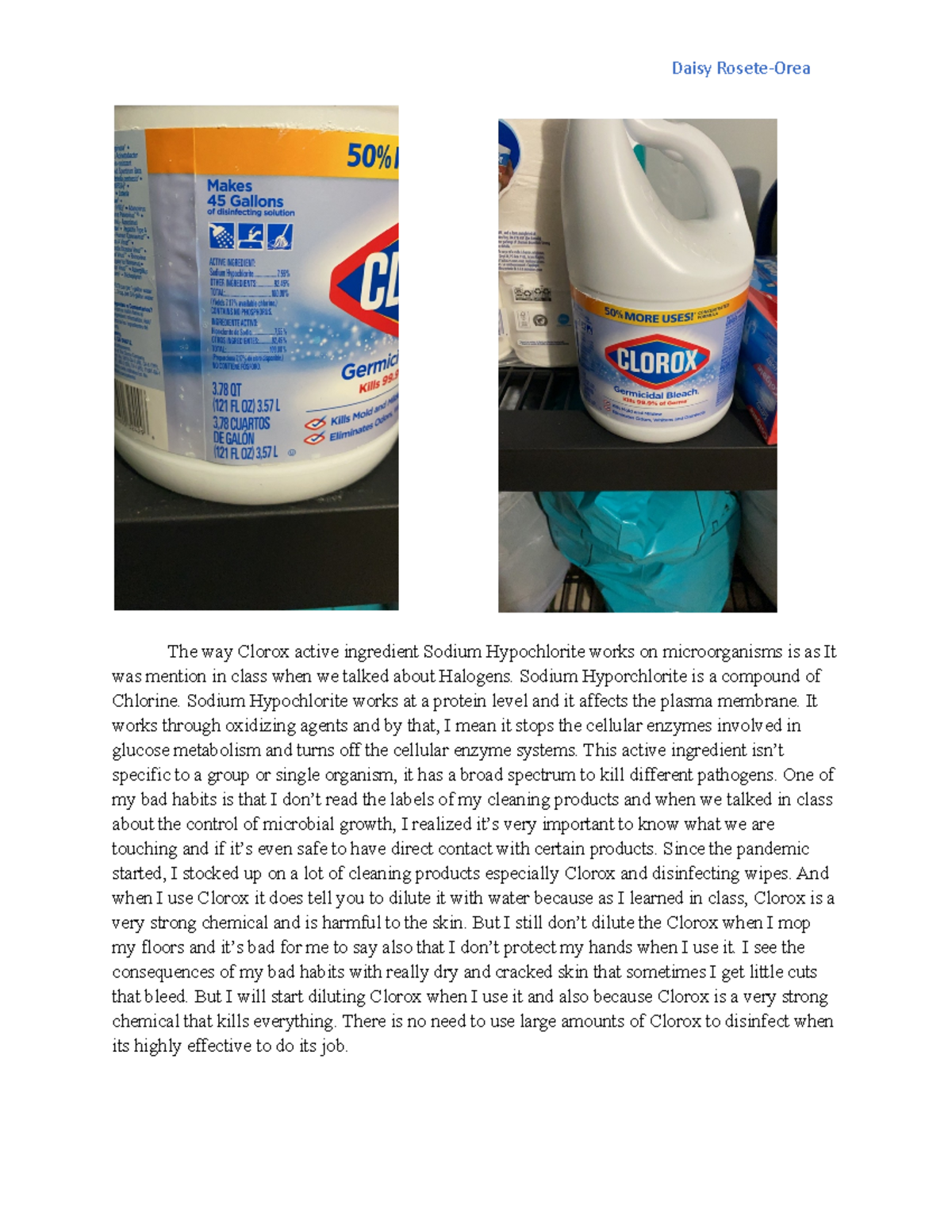 Extra credit project 1 Daisy RoseteOrea The way Clorox active ingredient Sodium Hypochlorite