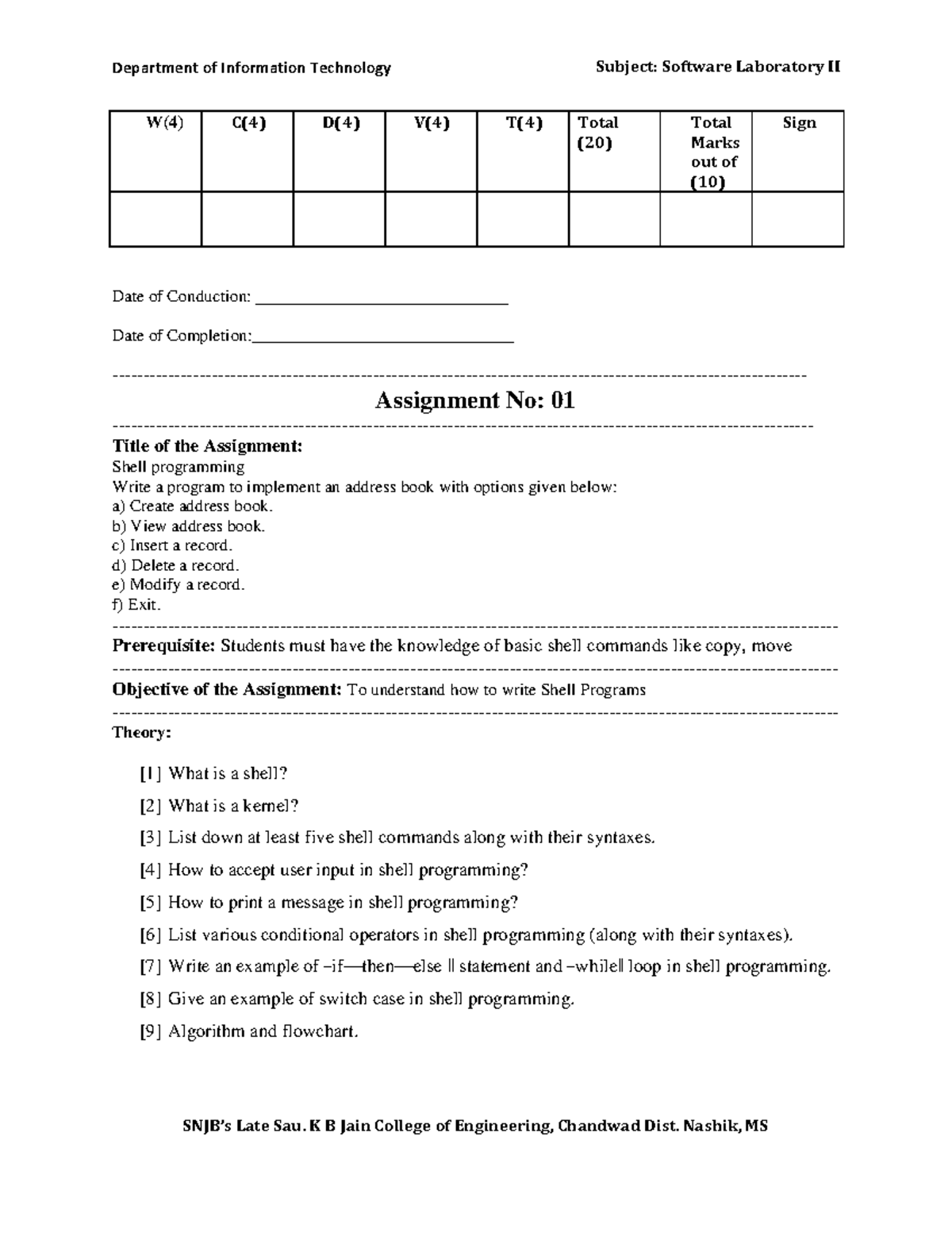 Pract-manuals-2019 - practicals - W(4) C(4) D(4) V(4) T(4) Total (20 ...