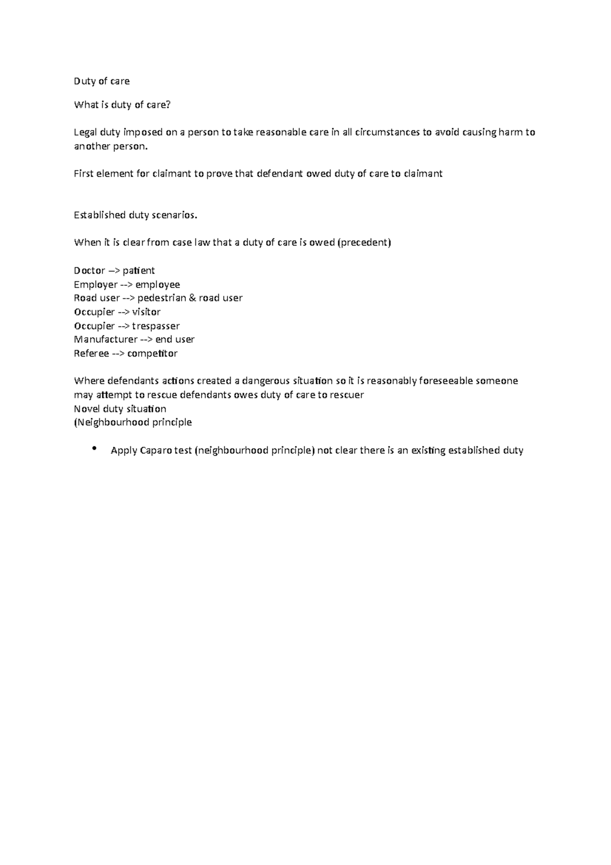 Duty of care - tort law notes unit 1 - Duty of care What is duty of ...