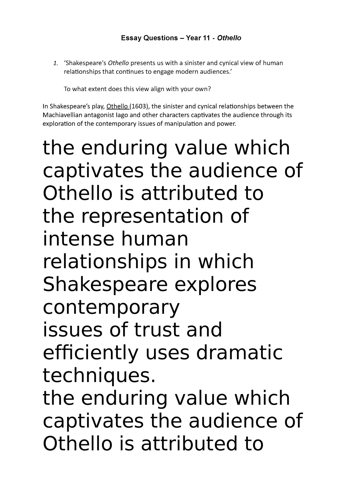 a level othello essay questions