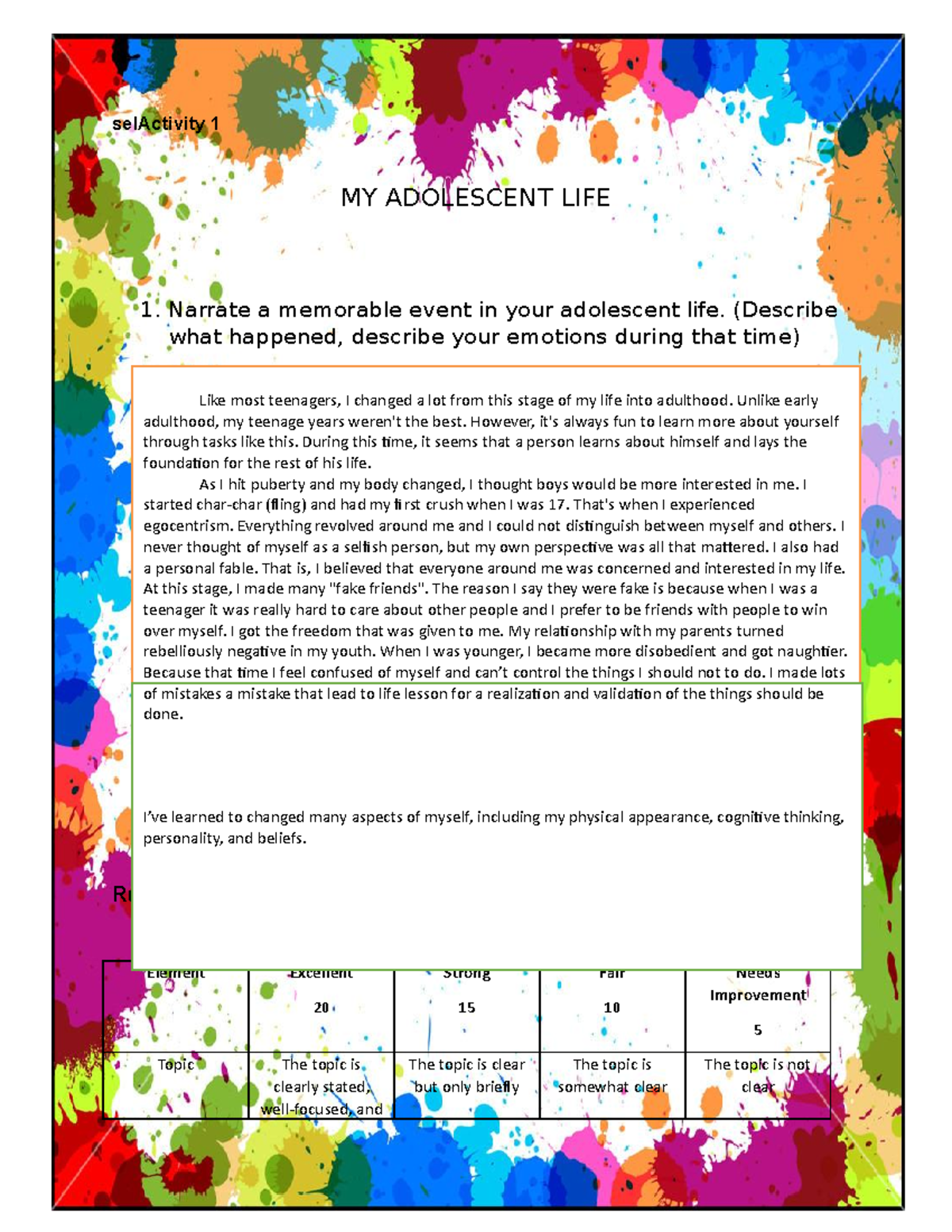 Adolescence Activity - notes - selActivity 1 MY ADOLESCENT LIFE 1 ...