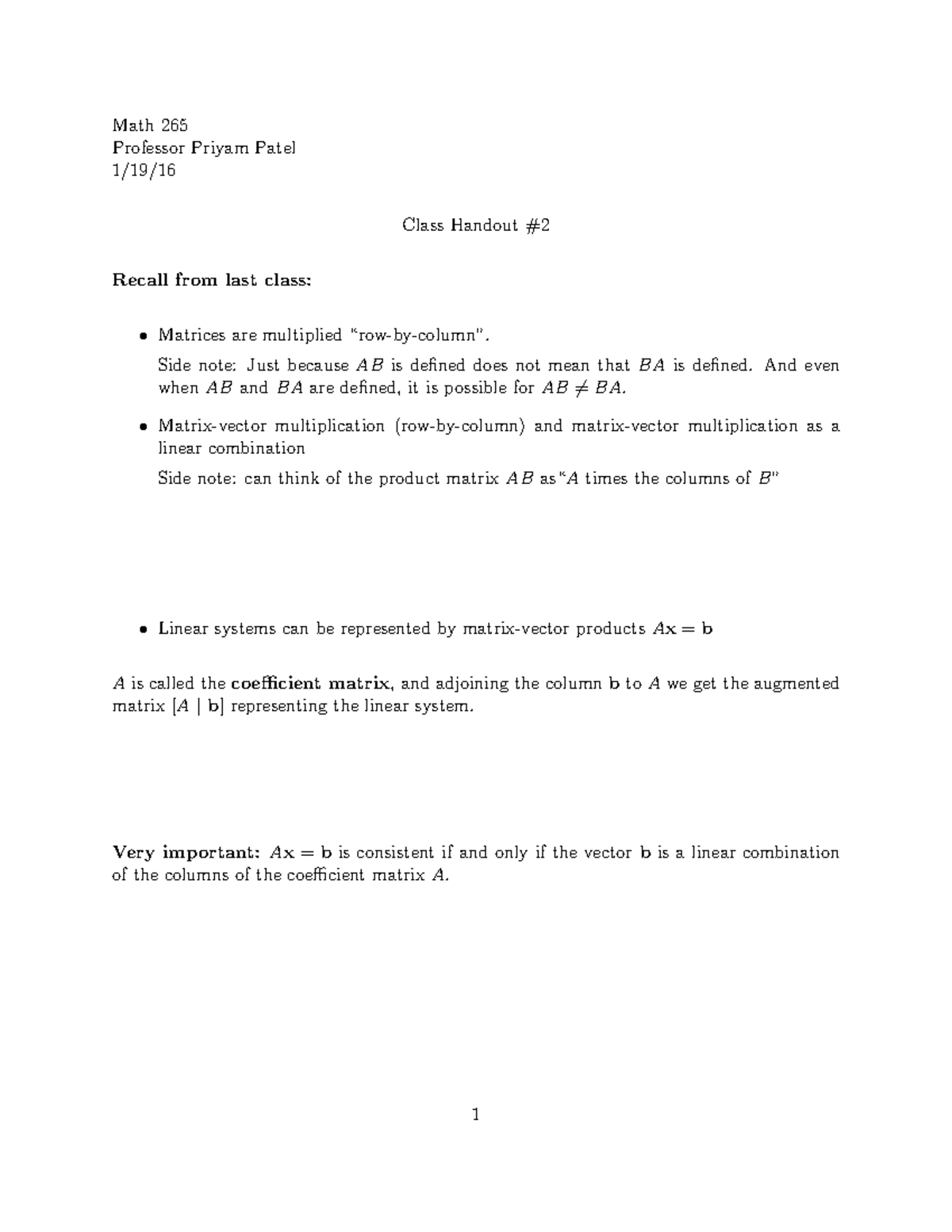 Linear Algebra - Lecture notes - handout 2 - Math 265 Professor Priyam ...