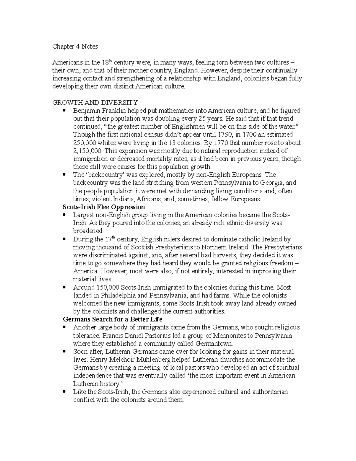 Chapter 4 Notes - Chapter 4 Notes Americans in the 18th century were ...