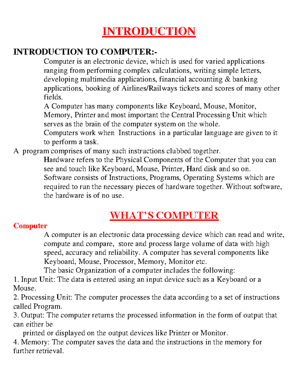 Computer notes - INTRODUCTION INTRODUCTION TO COMPUTER:- Computer is an ...