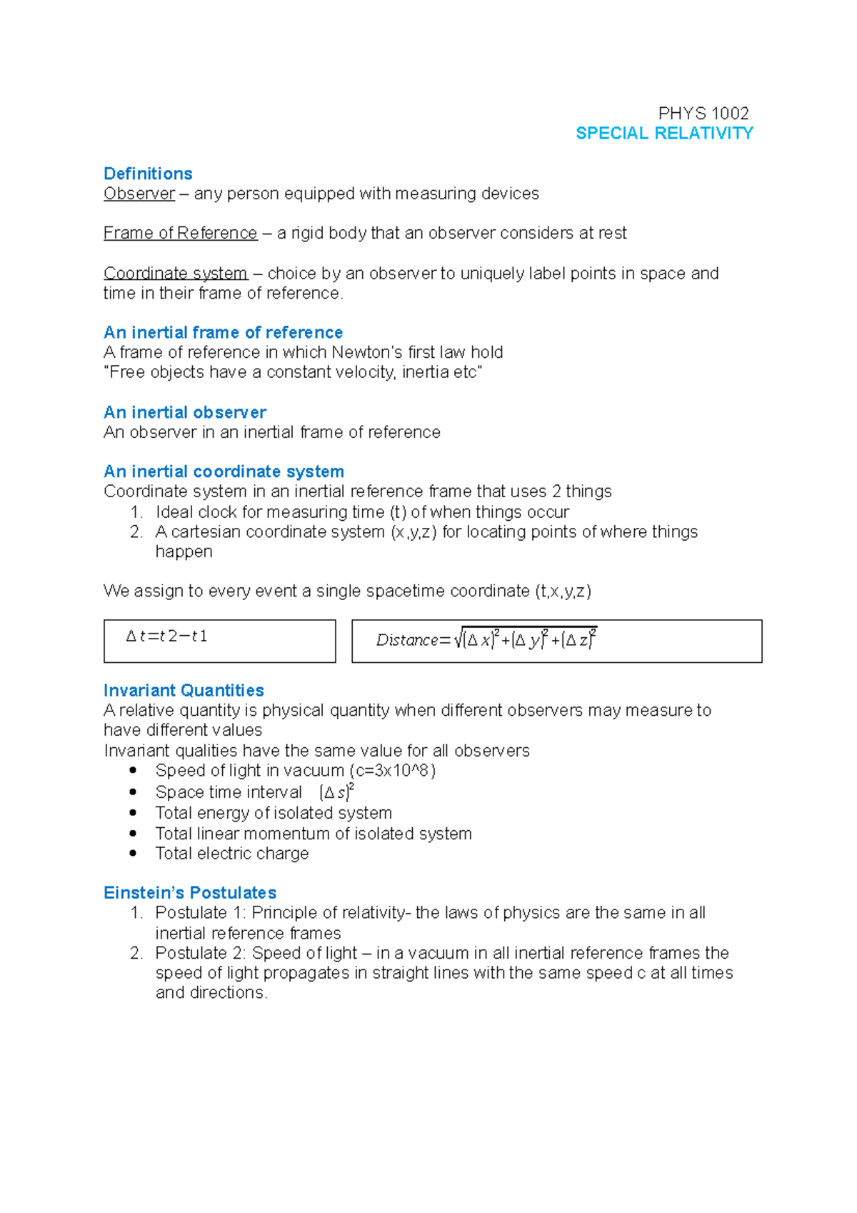 Special Relativity Notes - PHYS 1002 SPECIAL RELATIVITY Definitions ...