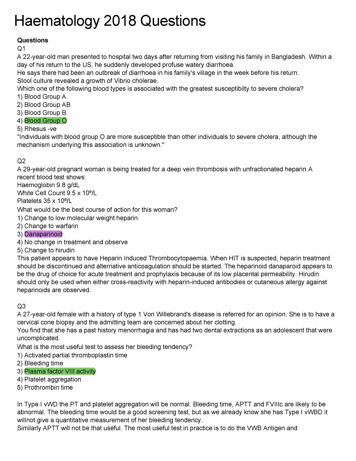 Haem 2018 Questions - Notes - Haematology 2018 Questions Questions Q A ...