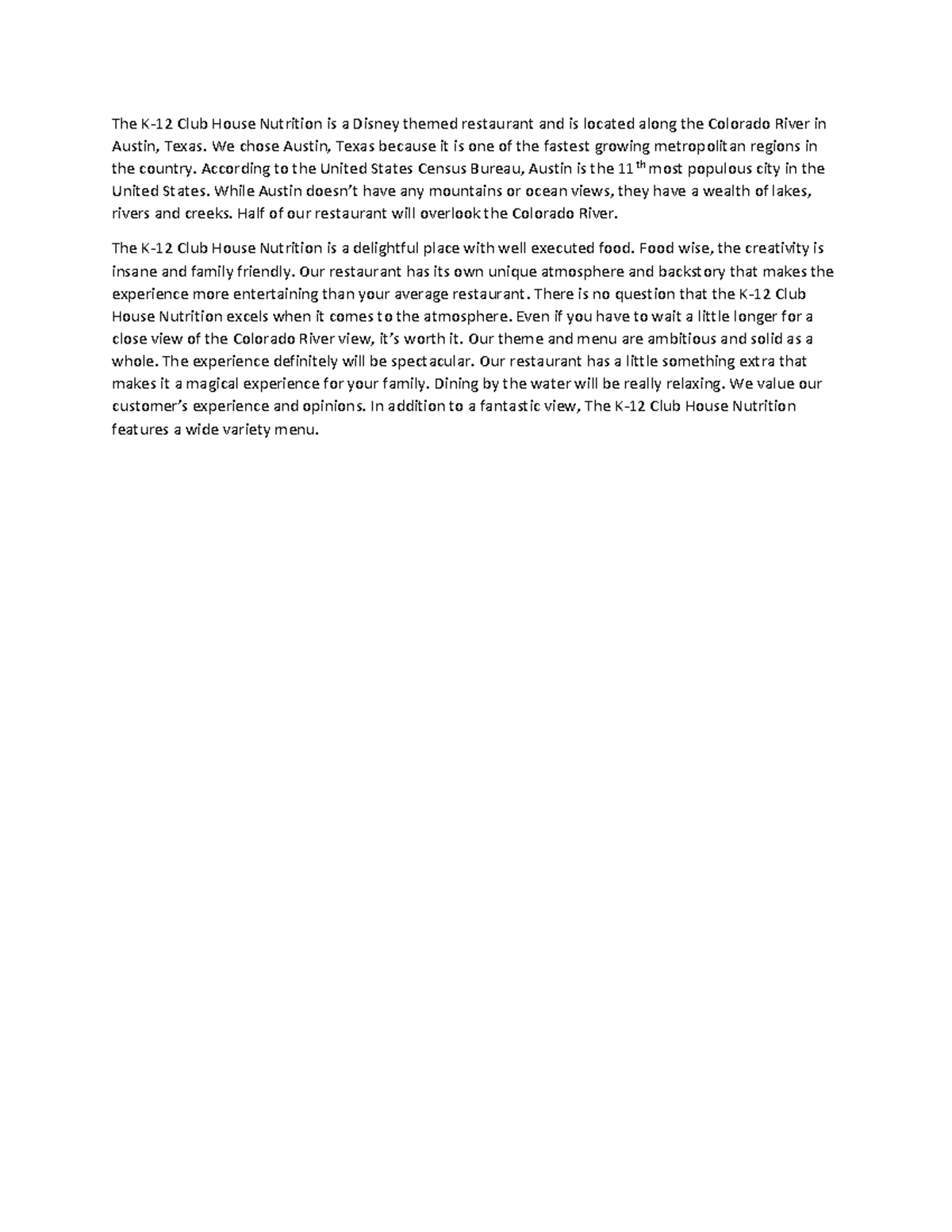 FS Menu Concept Group Paper The K12 Club House Nutrition is a Disney themed restaurant and is