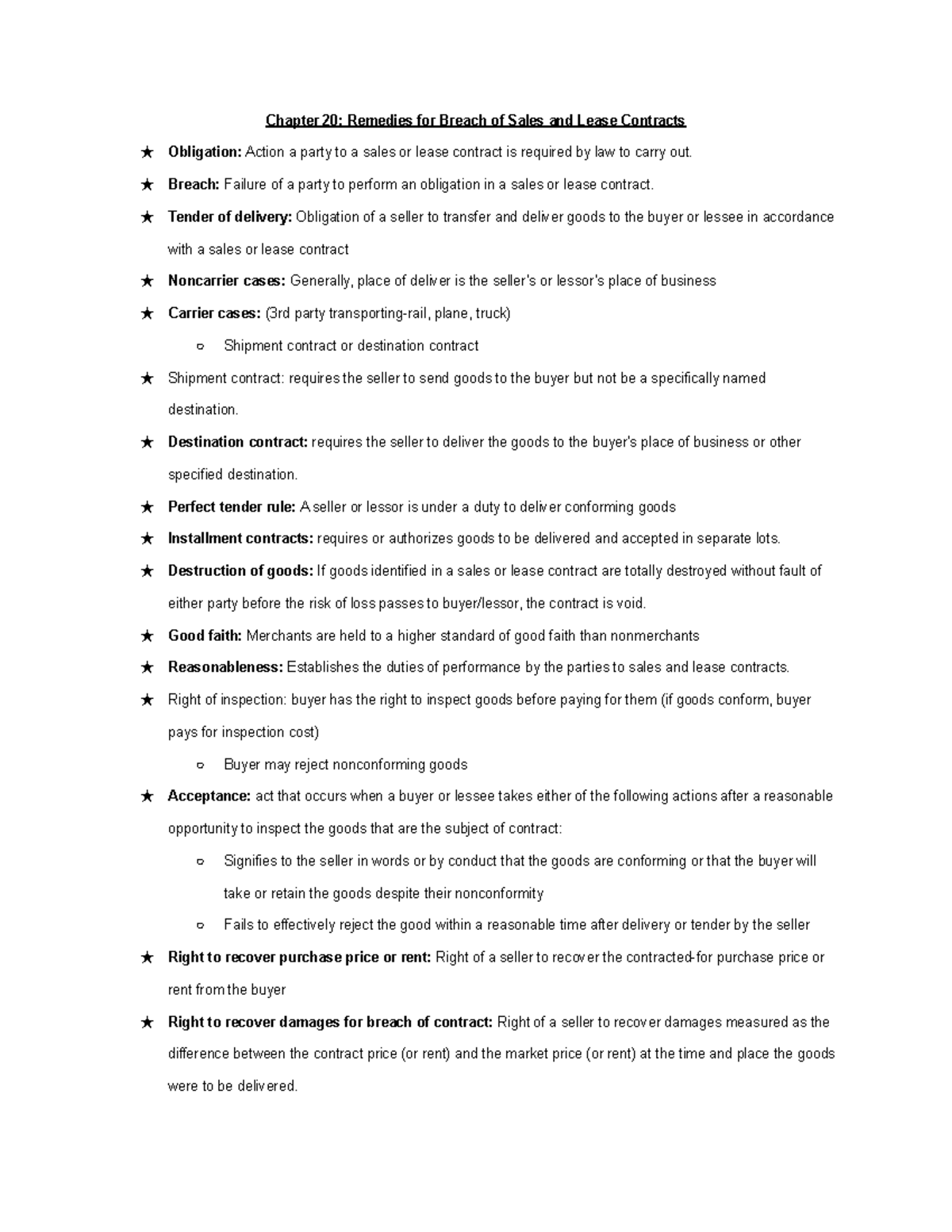 Business Law Notes - Remedies For Breach Of Sales And Lease Contracts ...