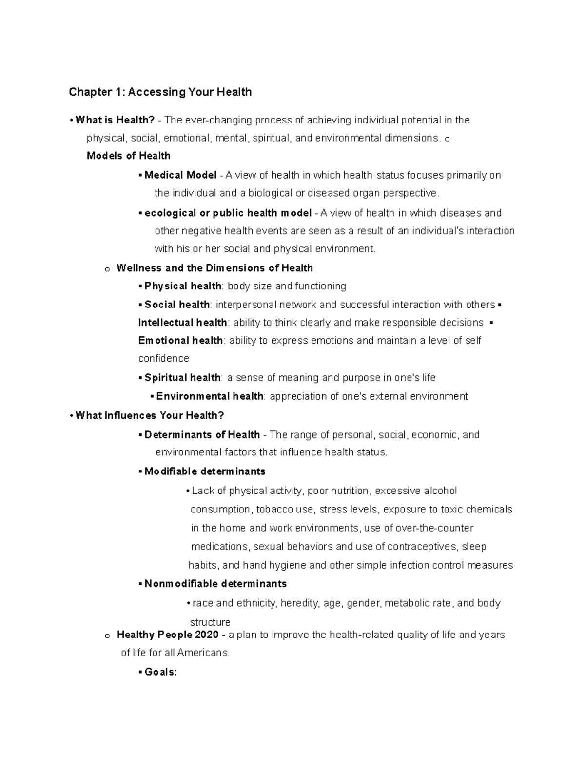 Exam One Study Guide Accessing Health Chapter 1 Accessing Your