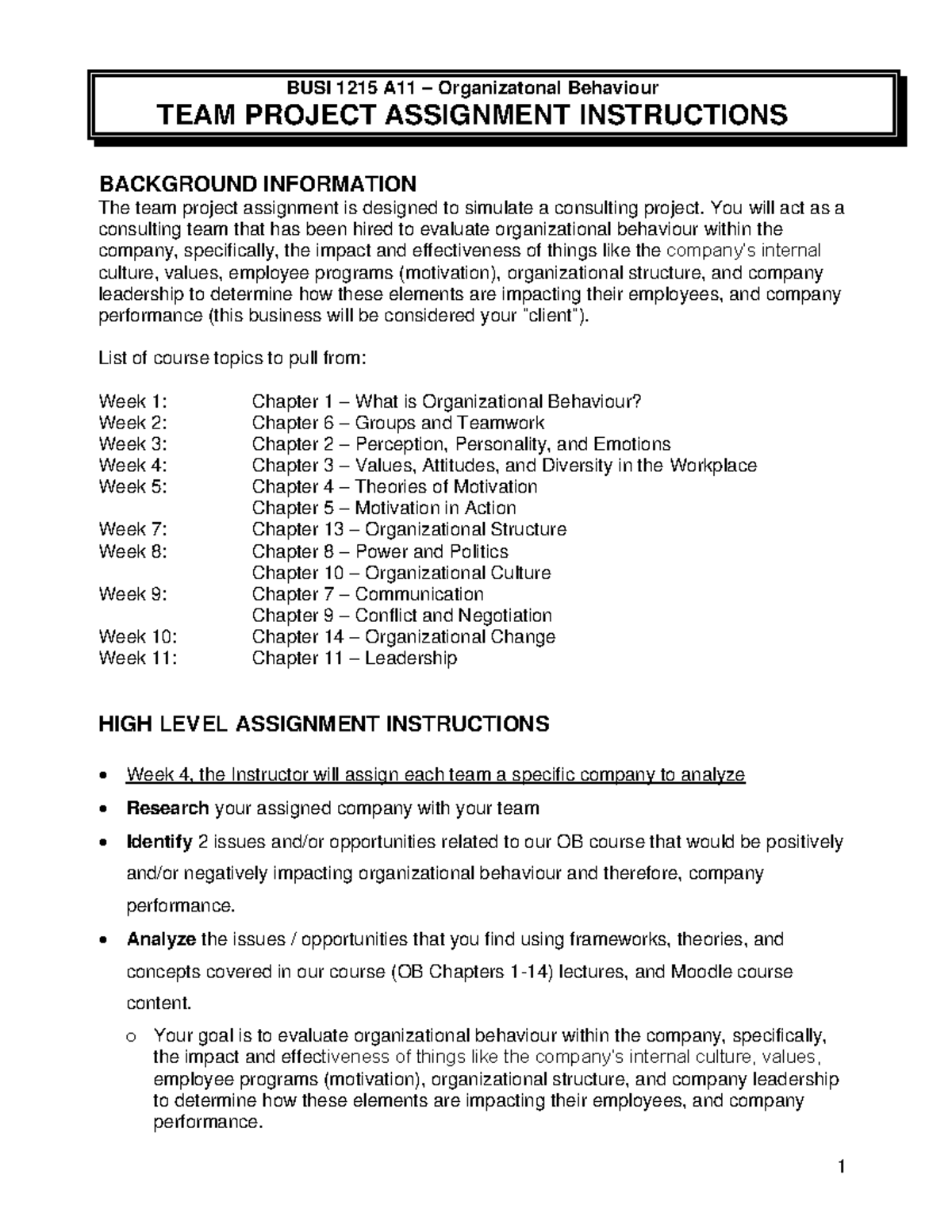 Instructions - Team Project Report - BUSI 1215 A1 1 – Organizatonal ...