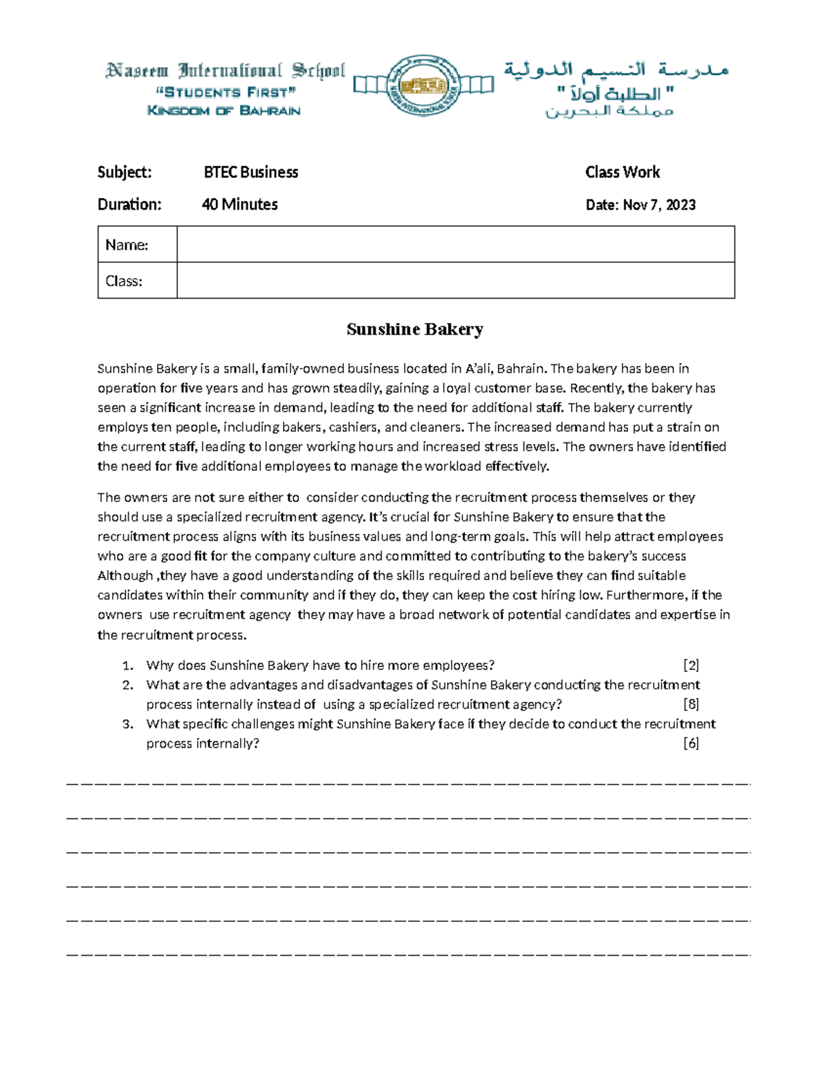 Quiz - 2 - Notes - Subject: BTEC Business Class Work Duration: 40 ...