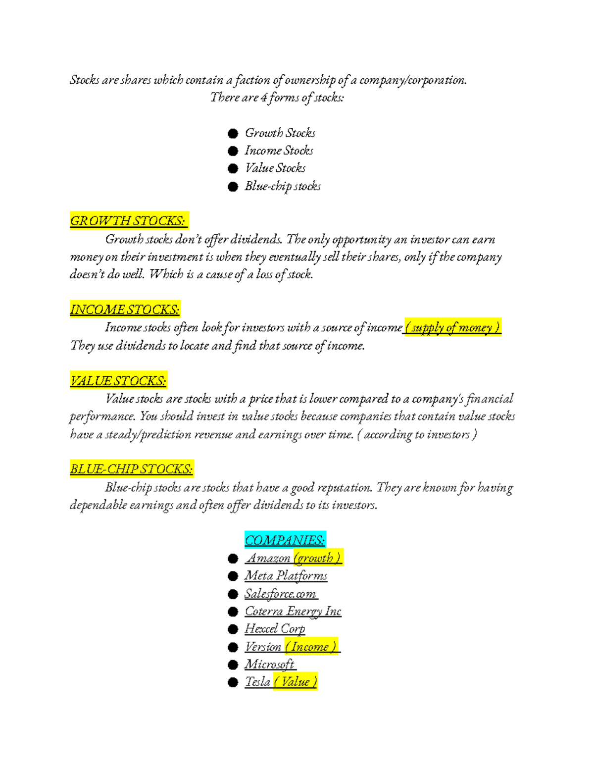 Stocks Sheet - Stocks are shares which contain a faction of ownership ...