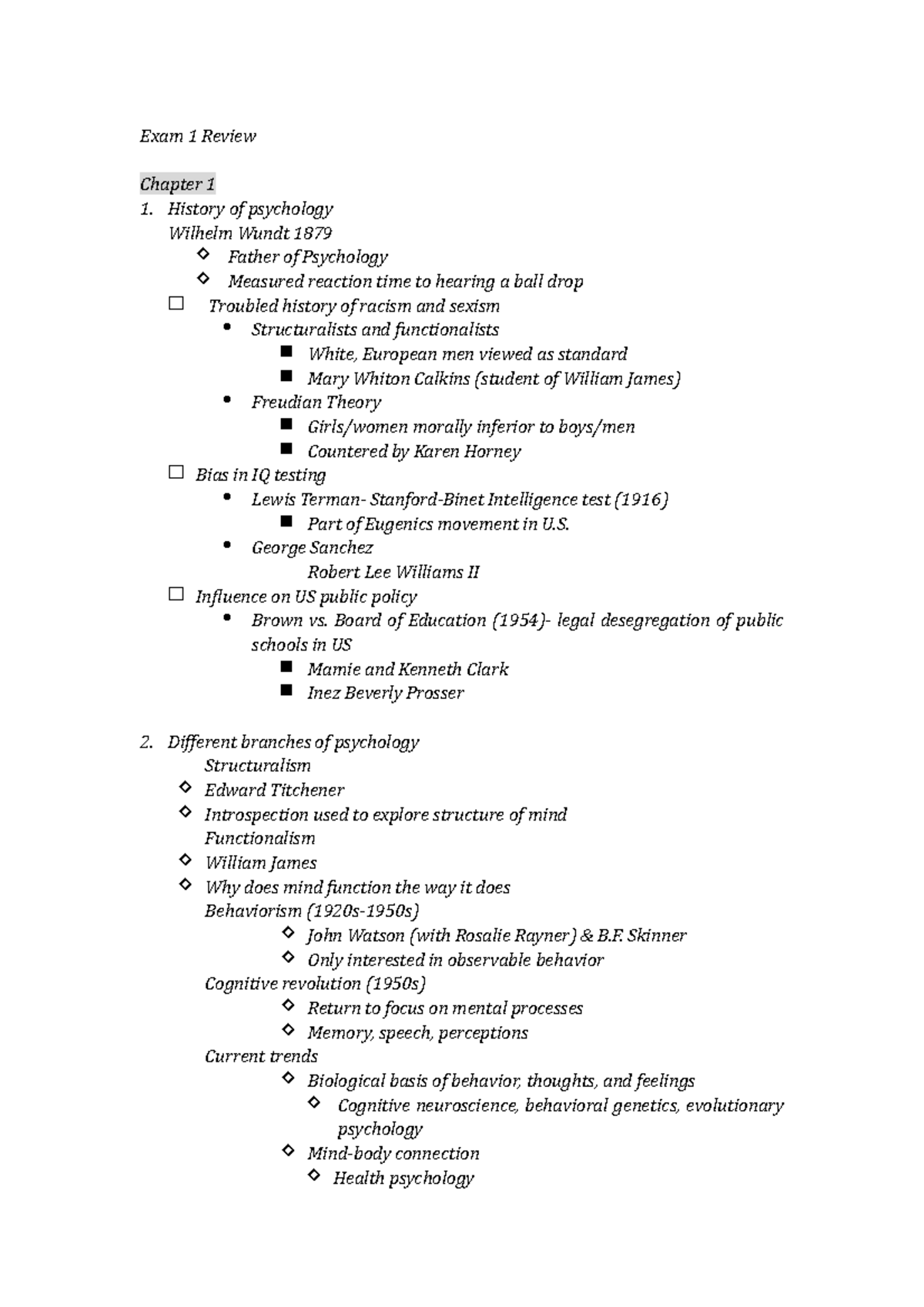 PSY Exam 1 Review - Exam 1 Review Chapter 1 1. History of psychology ...