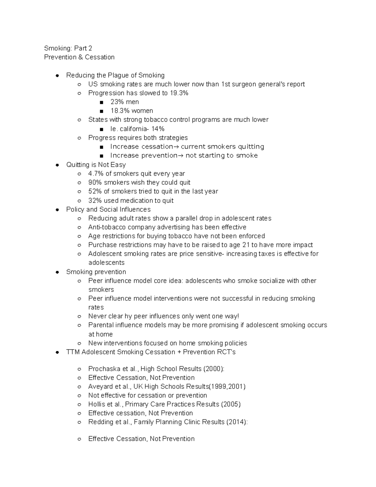 Feb 13 lecture notes - Smoking: Part 2 Prevention & Cessation Reducing ...