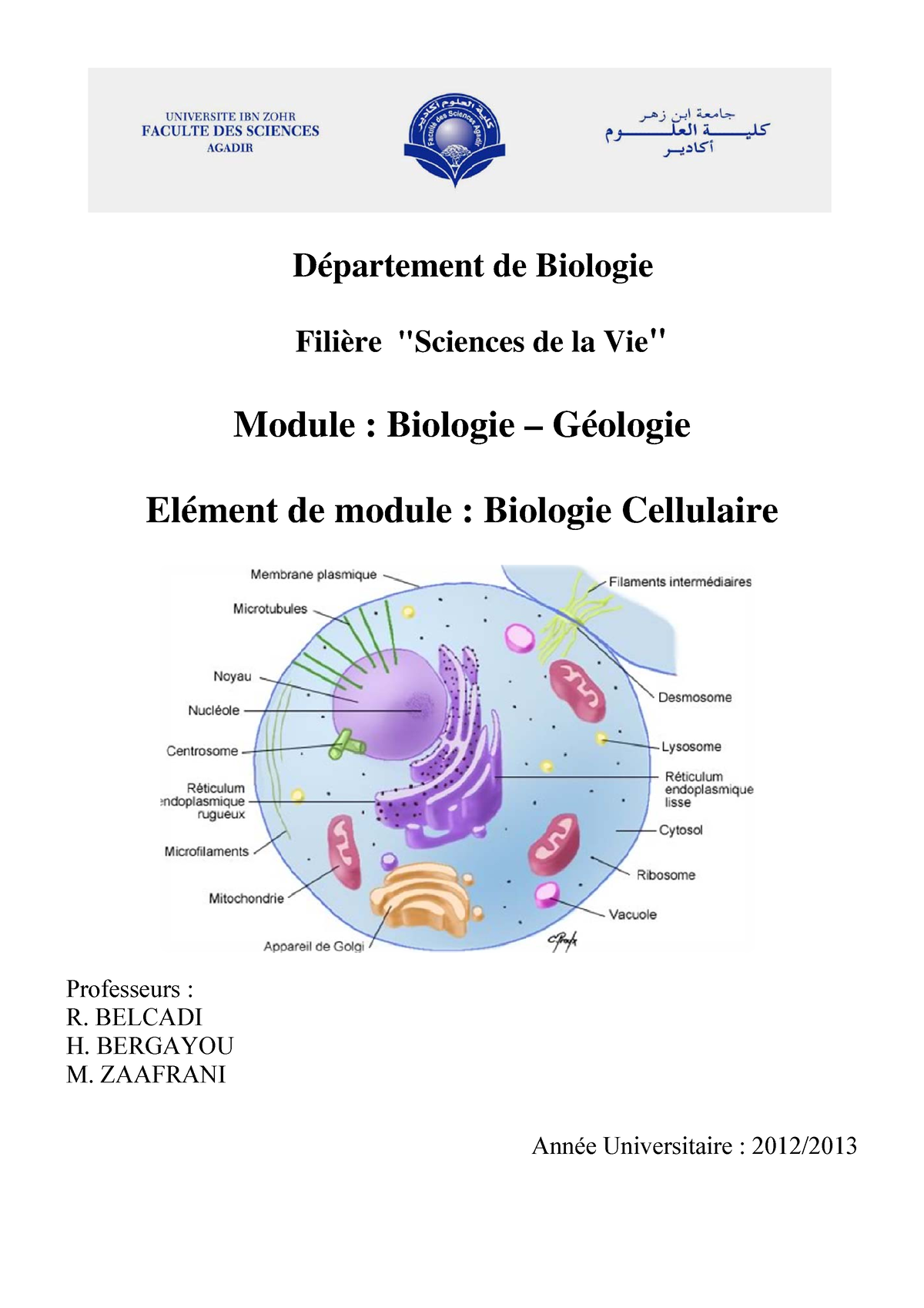 Biologie Cellulaire Cours 2 - Département De Biologie Filière "Sciences ...