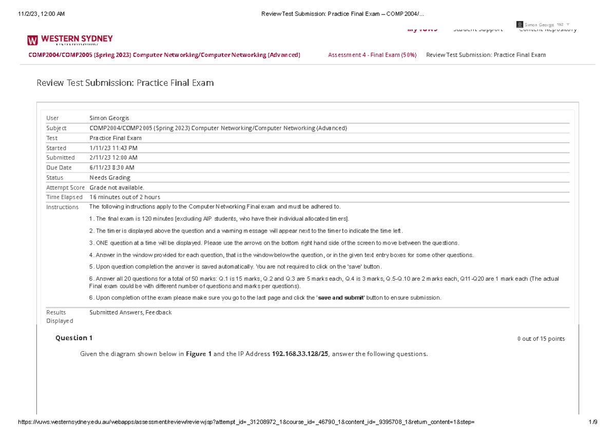 Review Test Submission Practice Final Exam COMP2004 COMP2004