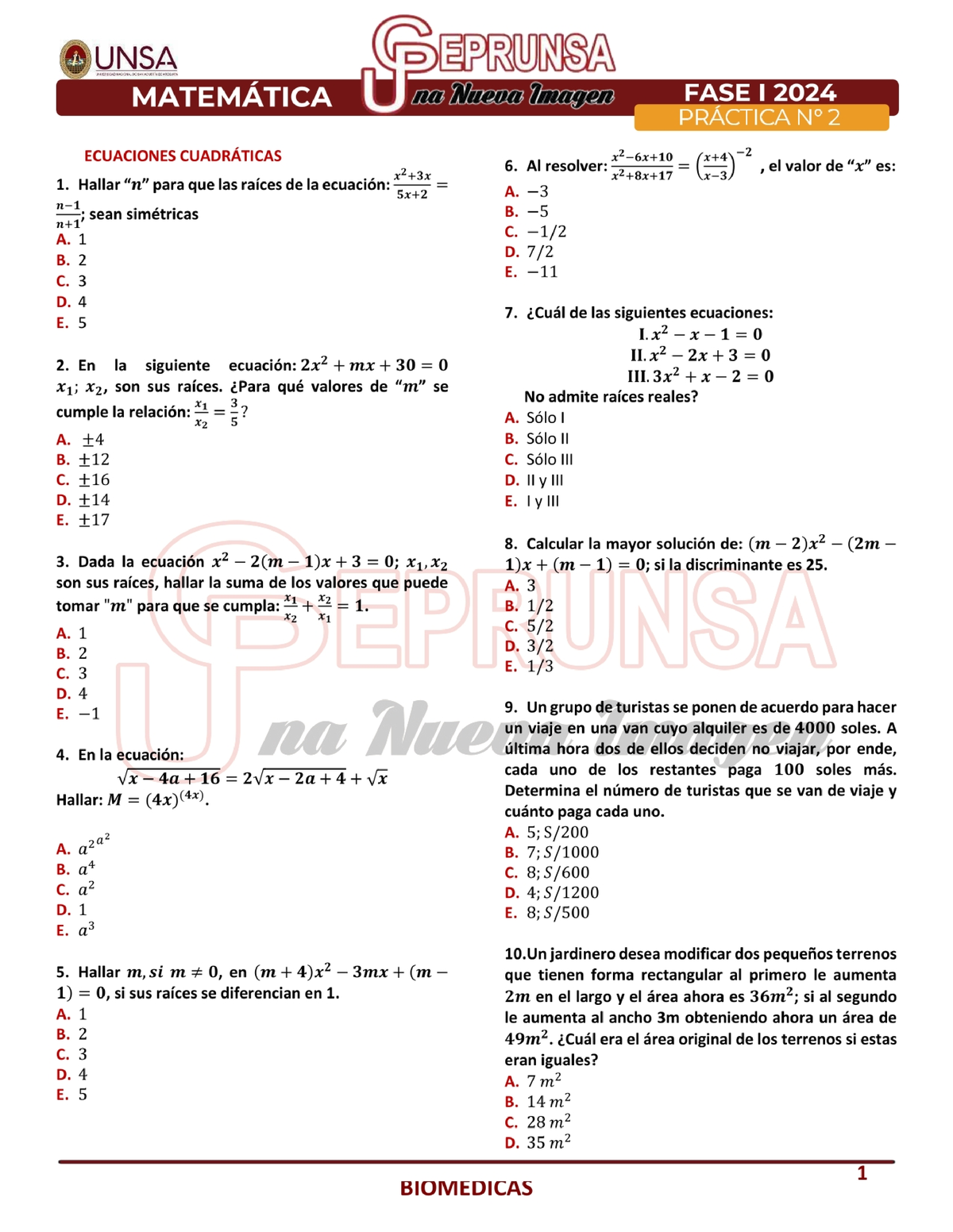 10 (B) - MatemáTICA PRÁ Ctica 2 - Ceprunsa I FASE 2024 - Matemáticas ...