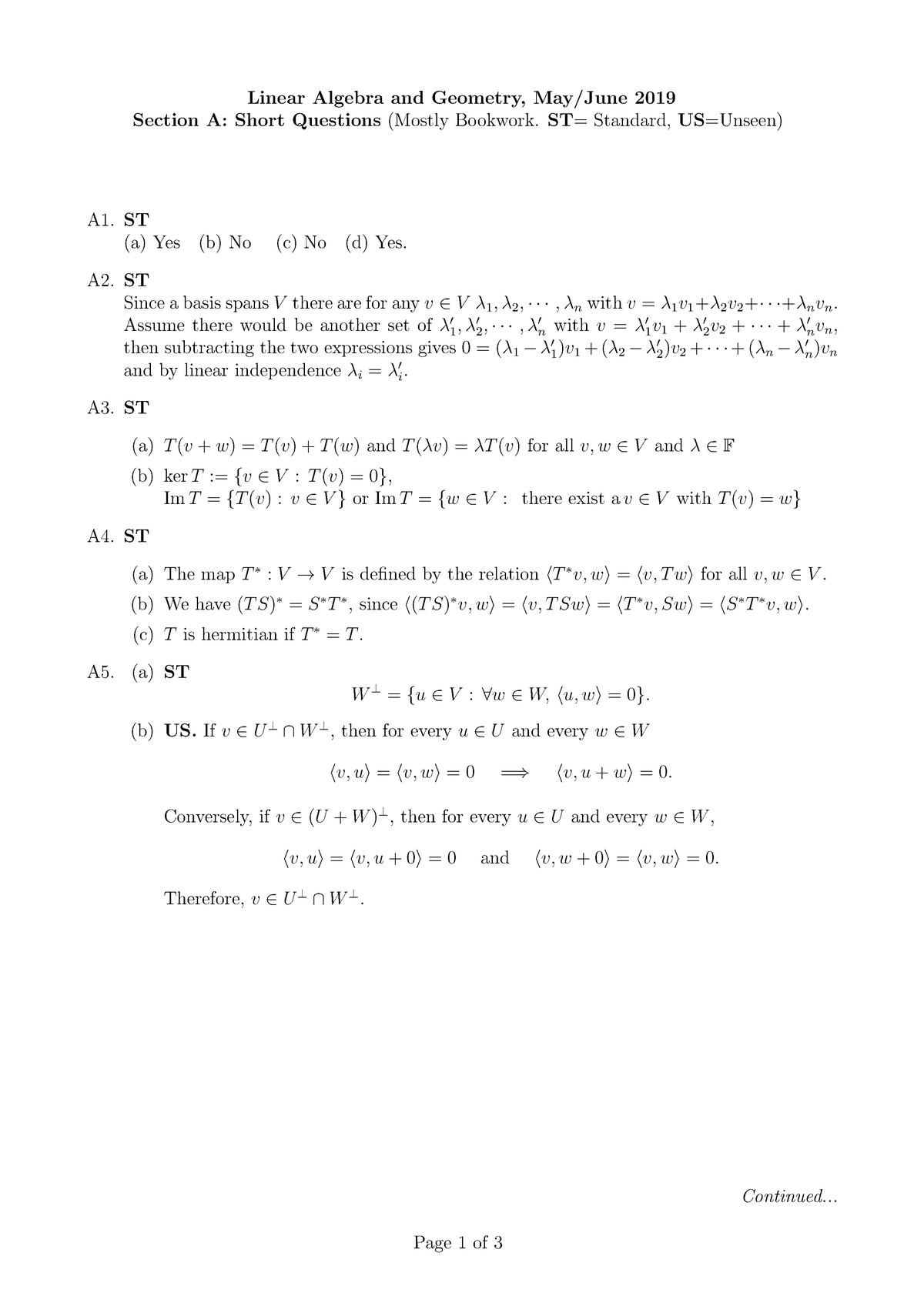 Linear Algebra B Exam Solutions 2019 - Linear Algebra And Geometry, May ...