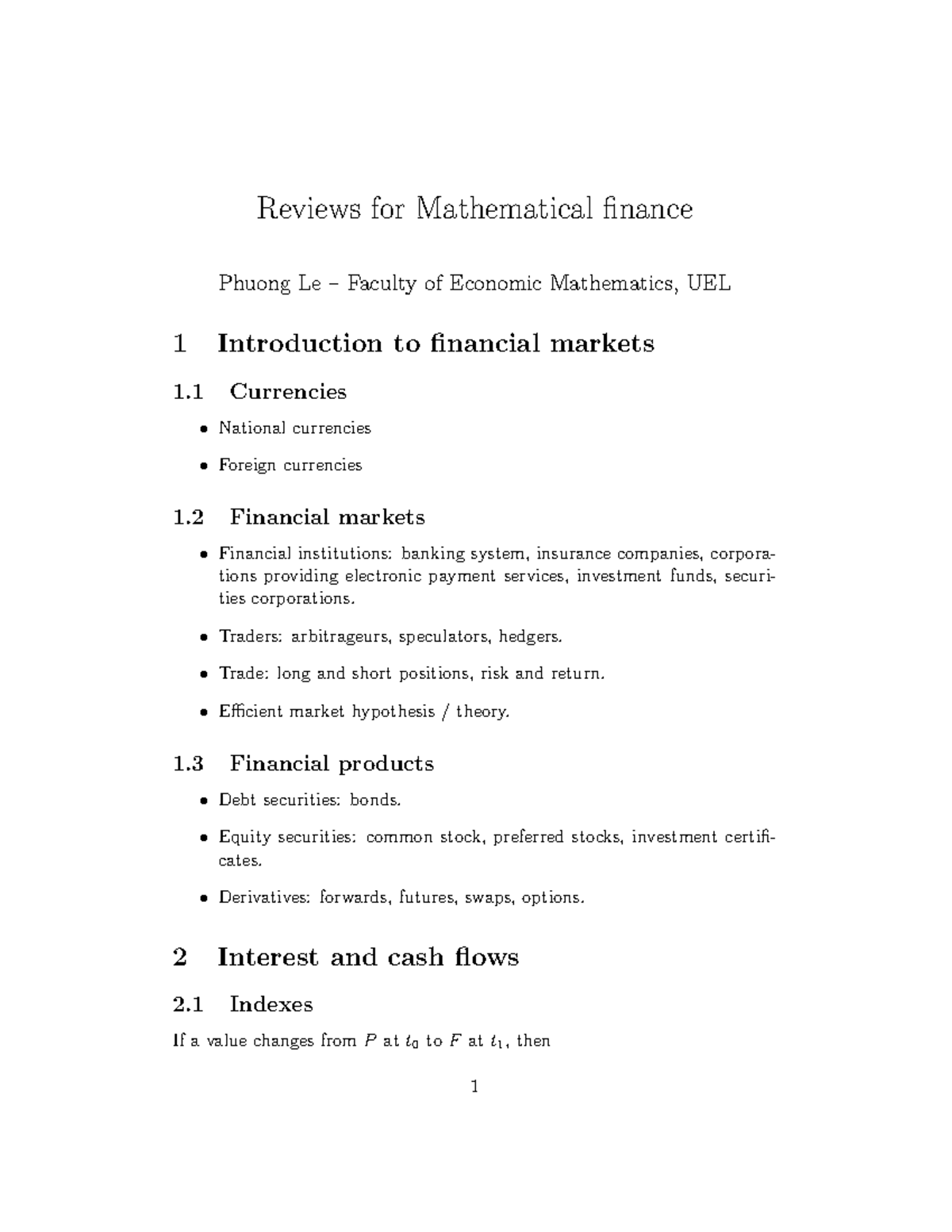 Formula - Reviews for Mathematical finance Phuong Le – Faculty of ...