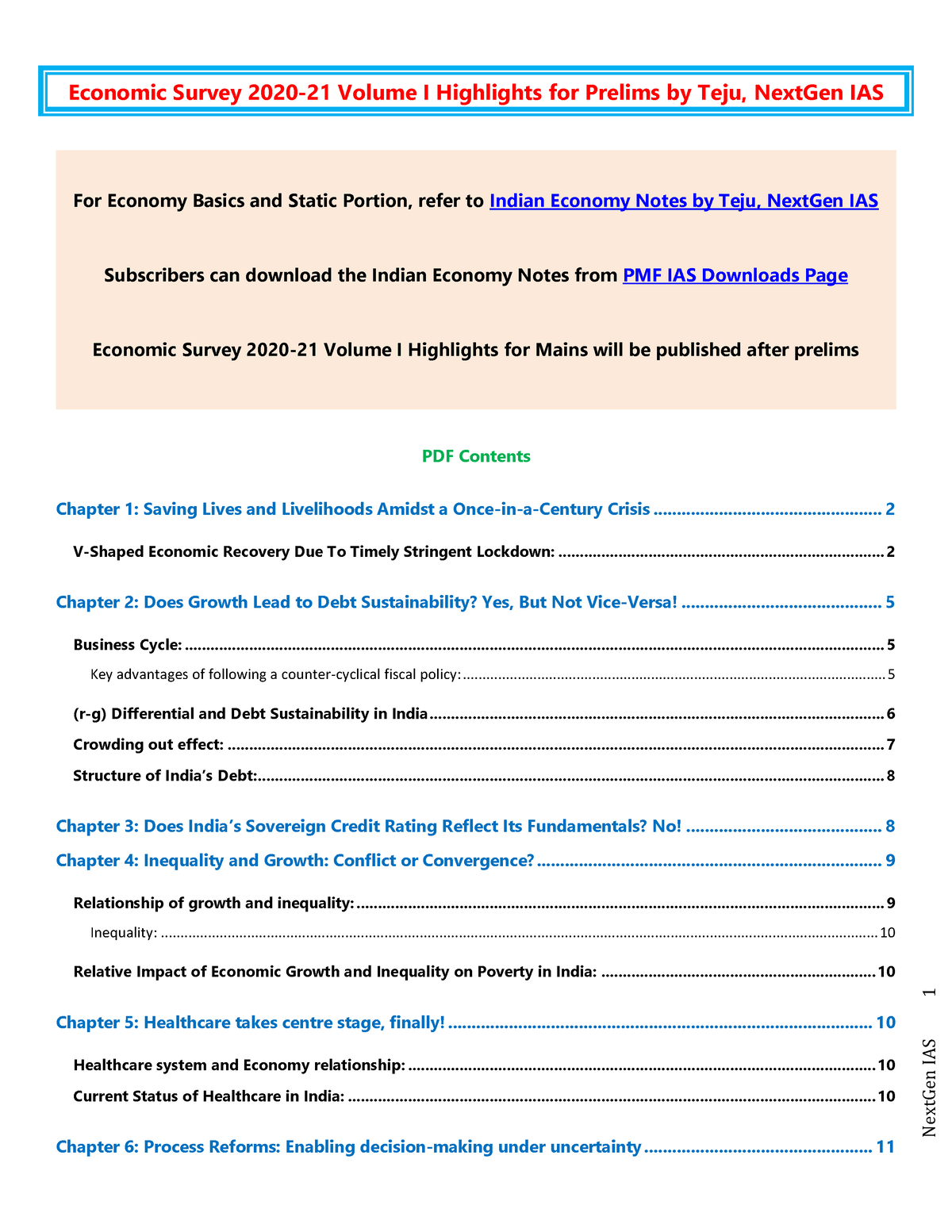 Next Gen Ias Economic Survey Vol I 2020 21 Highlights Economic Survey 2020 21 Volume I 