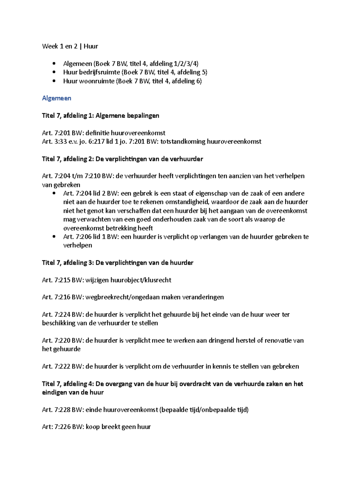 BOK2 - Week 1 En 2 Huur Algemeen (Boek 7 BW, Titel 4, Afdeling Huur ...