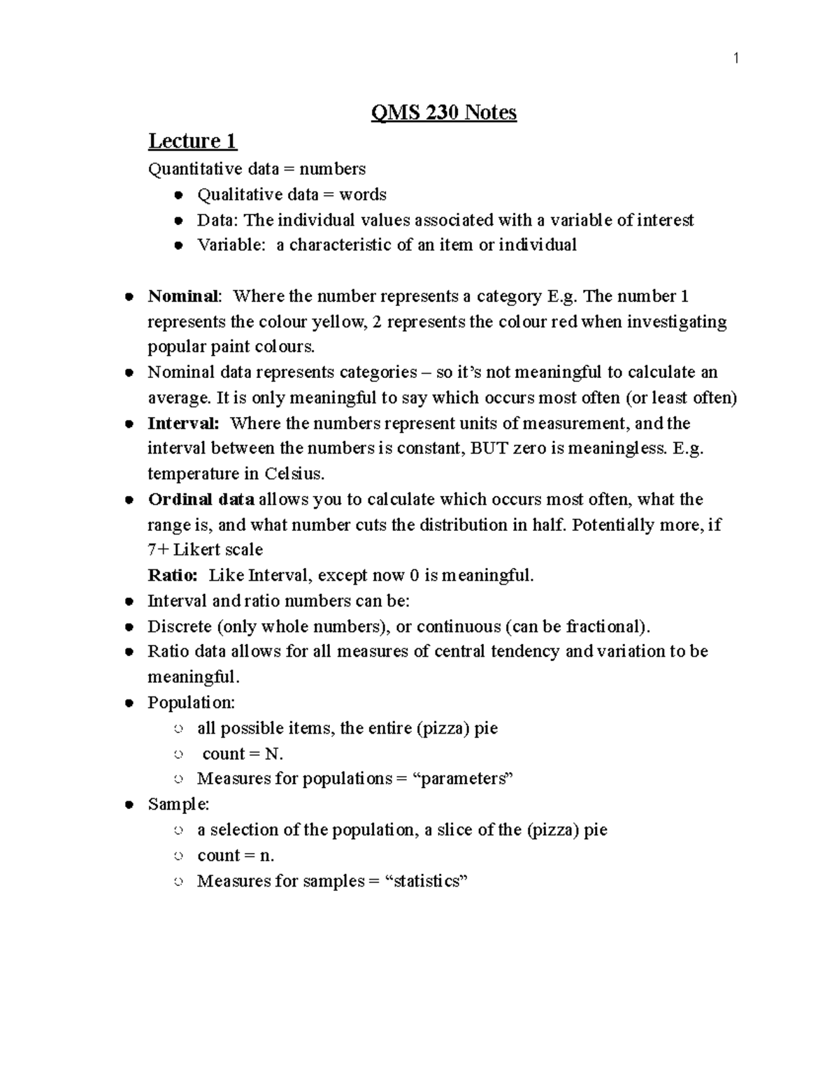 QMS 210 part 1 This is the first half QMS 230 Notes Lecture 1
