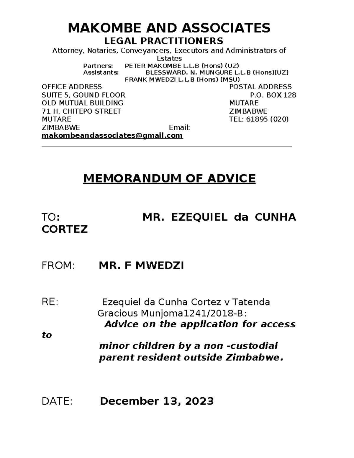 Ezequiel Cortez Memorandum - MAKOMBE AND ASSOCIATES LEGAL PRACTITIONERS ...