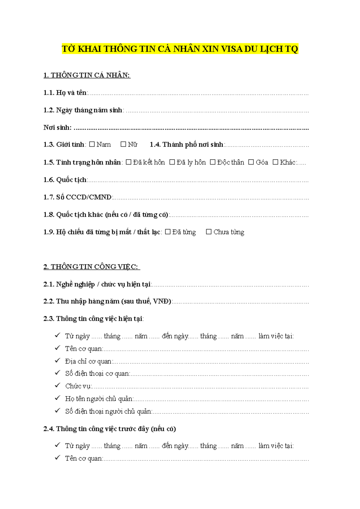 TỜ KHAI Thông TIN VISA DU LỊCH TQ - TỜ KHAI THÔNG TIN CÁ NHÂN XIN VISA ...