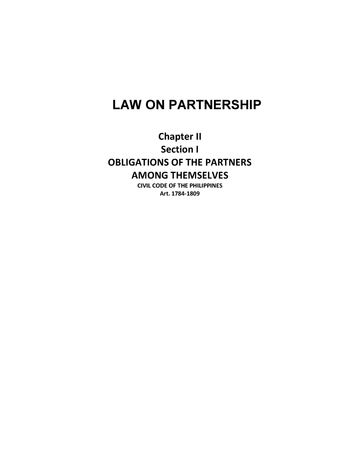 Chapter Ii Section I Obligations Of The Partners Among Themselves Law On Partnership Chapter 0549