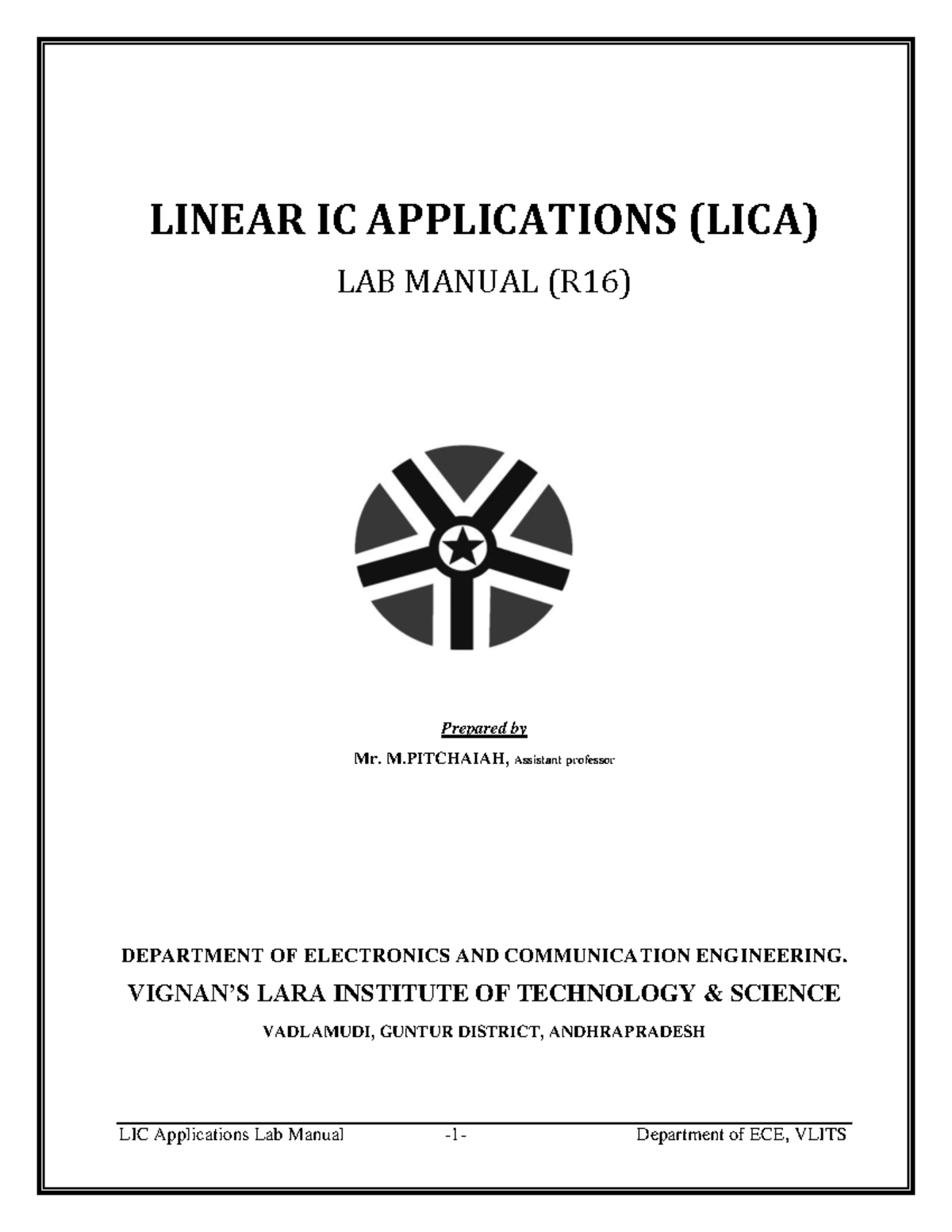 LICA - R16-1 - data - LINEAR IC APPLICATIONS (LICA) LAB MANUAL (R16 ...